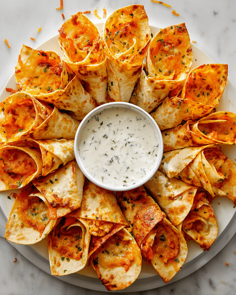 A round white plate is filled with many small rolled tacos arranged in a circular pattern, each taco made with lightly browned, thin tortilla shells wrapped around melted orange cheese with some crispy edges sticking out. The tacos have a golden color with slight charring and scattered melted cheese pieces around them. In the center of the plate is a small white bowl filled with creamy white ranch sauce speckled with green herbs. The plate sits on a white marbled surface with some stray bits of melted cheese scattered nearby. photo taken with an iphone --ar 4:5 --v 7