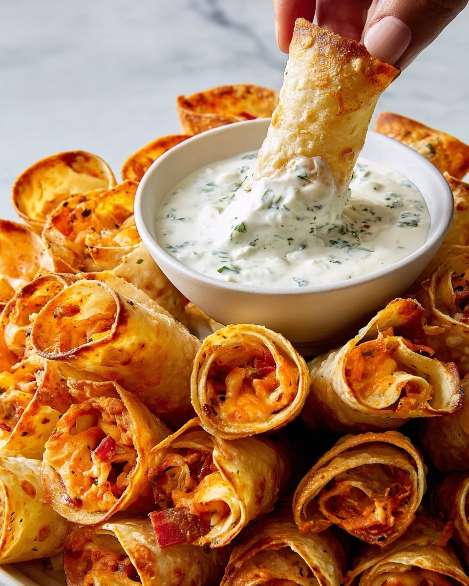 The image shows a pile of rolled tortilla chips that are golden brown and crispy. Each chip is curled into a small tube shape, with some showing melted orange cheese and bits of red and green fillings inside. A white round bowl of creamy white dip with green herbs is placed in the center. A woman's hand is dipping one of the chips into the bowl, with the dip coating the chip. The background has a white marbled texture. photo taken with an iphone --ar 4:5 --v 7