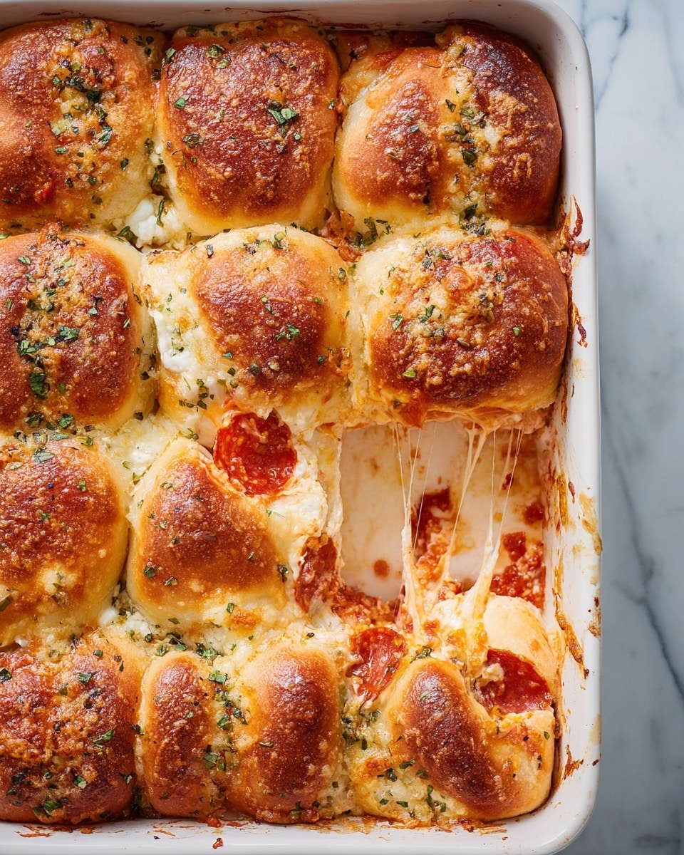 A white rectangular baking dish holds a pull-apart pizza roll bake with three visible layers: the bottom layer has melted mozzarella cheese mixed with red tomato sauce and small pepperoni slices, the middle layer shows gooey melted cheese stretching outward where some rolls have been pulled apart, and the top layer consists of golden-brown baked dough rolls sprinkled with bits of green herbs and garlic. The rolls are arranged tightly in rows around the edges with some baked cheese and sauce spilling between them. The dish is set on a white marbled surface. Photo taken with an iphone --ar 4:5 --v 7