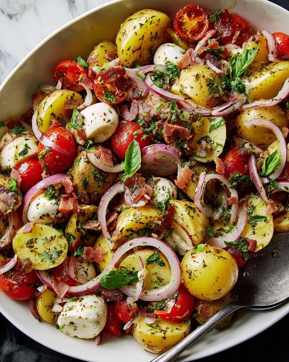 A close-up view of a layered salad in a white bowl, featuring golden yellow halved baby potatoes as the main layer mixed with red cherry tomato halves, white round pieces of mozzarella cheese, and thin slices of purple onion spread evenly throughout. Scattered dark brown olive slices and small pieces of crispy bacon add texture, while fresh green basil leaves and chopped herbs are sprinkled on top. The salad is lightly seasoned with ground black pepper and dried herbs, giving it a colorful and fresh look. The bowl is placed on a white marbled surface, with a metal spoon partly visible at the bottom right corner. Photo taken with an iphone --ar 4:5 --v 7