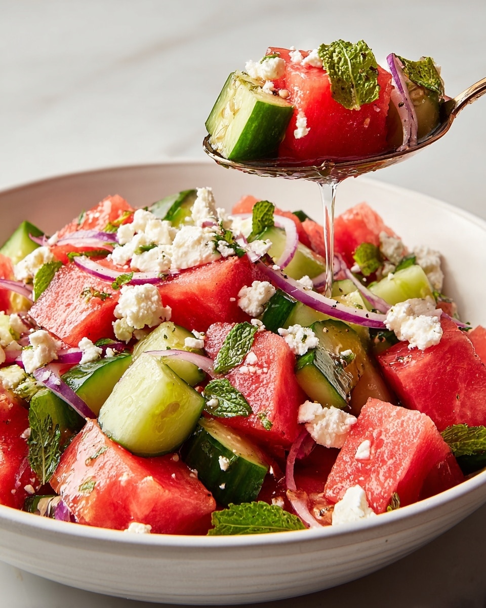 A close-up view of a colorful salad in a white bowl sitting on a white marbled surface, showing thick, uneven chunks of bright red watermelon as the main layer, mixed with medium-sized green cucumber pieces and thin slices of purple onion spread throughout. Small, crumbled white feta cheese pieces are scattered on top, adding texture and contrast. Fresh green mint leaves are sprinkled across the salad, giving a fresh look. A spoon holding a small portion of the salad hovers over the bowl, with water droplets dripping from the bright, juicy watermelon pieces, showing the juicy and fresh textures. photo taken with an iphone --ar 4:5 --v 7