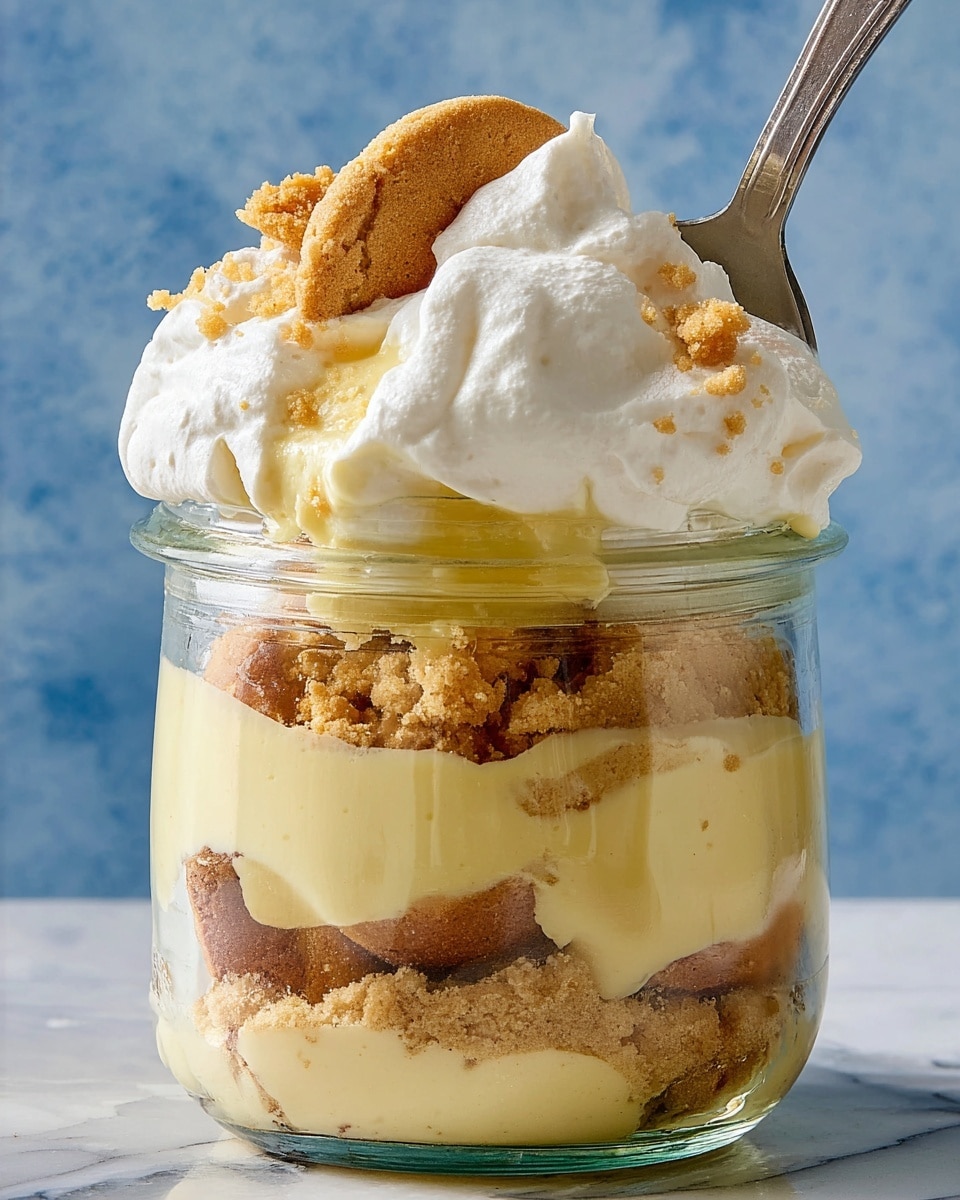 The image shows a dessert served in a clear glass jar with four visible layers. At the bottom, there is a layer of broken golden-brown cookies with a rough texture. Above this is a thick, smooth pale yellow custard filling most of the jar. On top of the custard is another thin layer of crumbled golden cookies mixed with some darker syrup or sauce, adding a sticky texture. The jar is topped with a generous, fluffy white whipped cream layer draped over the top edge, with a spoon scooping some of it along with a cookie piece. The background features a soft blue tone, and the jar sits on a white marbled texture. photo taken with an iphone --ar 4:5 --v 7