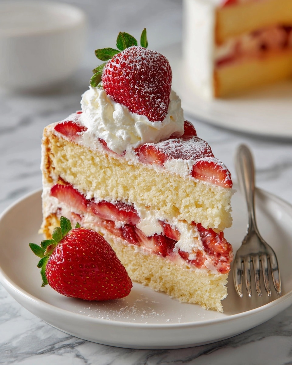 A slice of strawberry cake on a white plate shows three visible layers: a light golden sponge cake base, a middle layer with soft red strawberry pieces, and a top layer covered with sliced strawberries lightly dusted with powdered sugar. On top of the cake slice, there is a fluffy dollop of white whipped cream with a whole strawberry resting on it, also dusted with powdered sugar. Beside the cake slice on the plate, there is a whole fresh strawberry with bright red color and green leaves. A silver fork lies next to the strawberry on the plate. The background shows a blurred white marbled texture. photo taken with an iphone --ar 4:5 --v 7