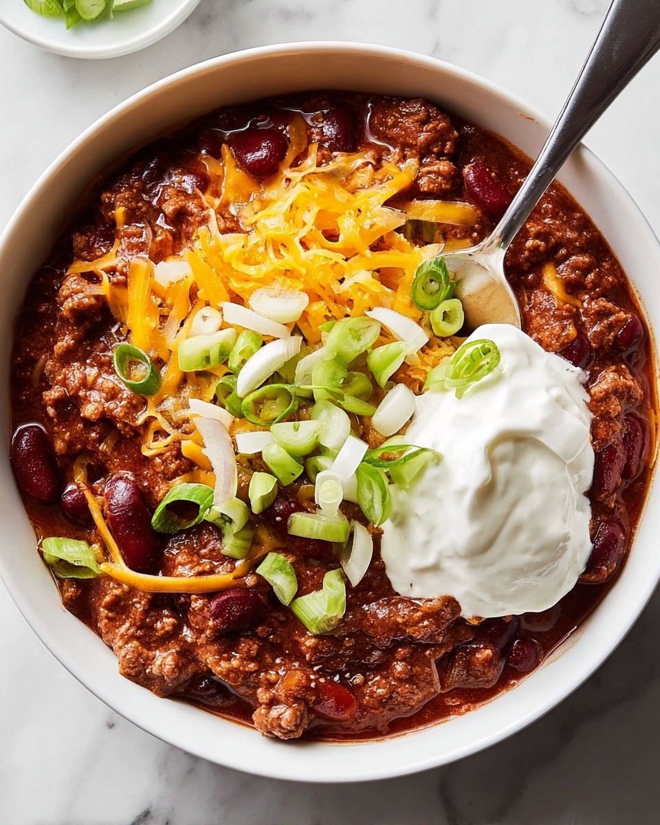 A bowl of chili shows a rich, deep red base mixed with kidney beans and ground meat, topped with a layer of bright orange shredded cheddar cheese scattered unevenly. On top of the cheese, thinly sliced green onions and small white diced onions add fresh green and white touches. A generous dollop of creamy white sour cream rests to one side, partially scooped by a silver spoon. The bowl is white, sitting on a white marbled surface. photo taken with an iphone --ar 4:5 --v 7