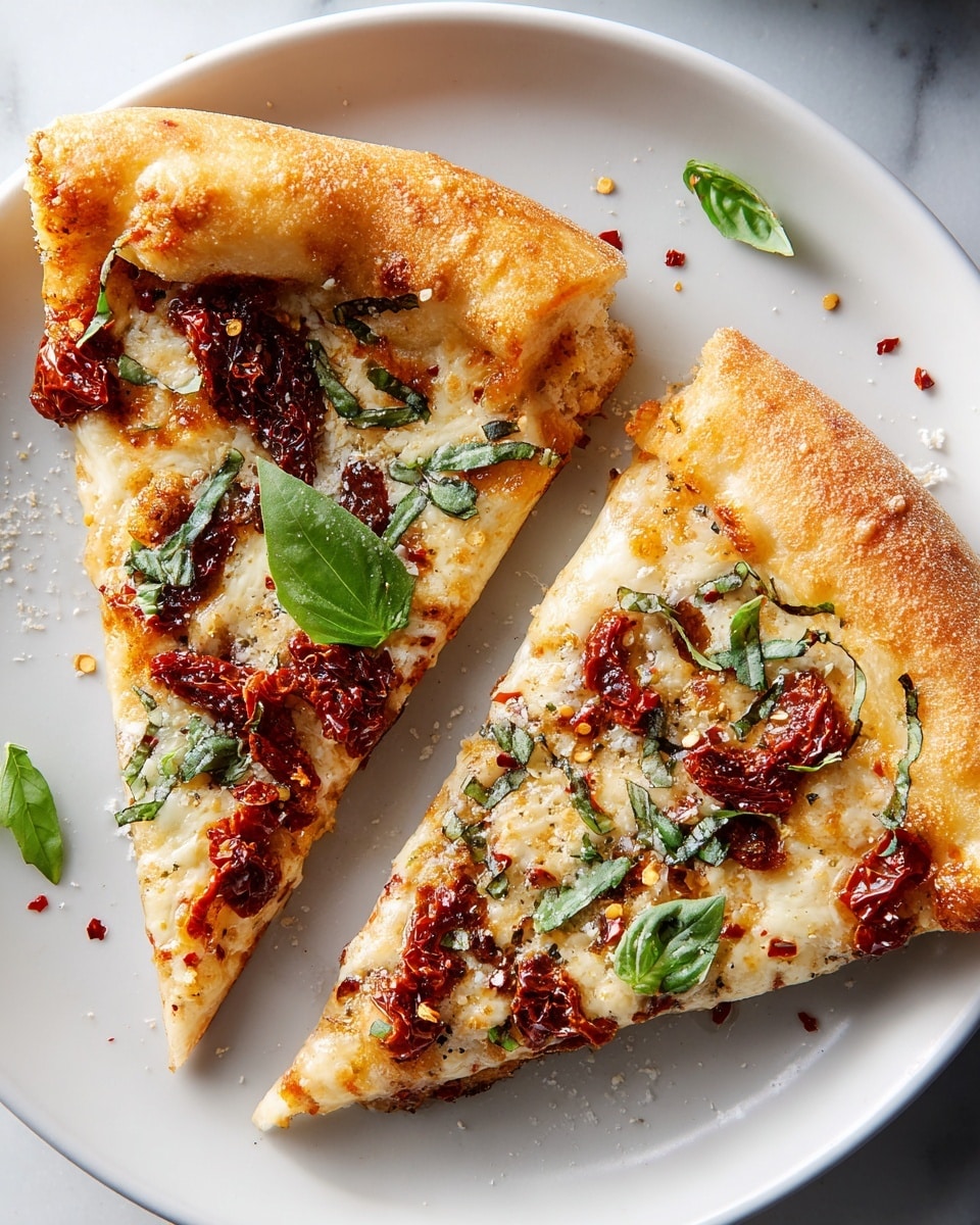 Two slices of pizza rest on a white plate, placed on a white marbled surface. Each slice has a thick, golden-brown crust with a soft and fluffy texture. The pizza has a creamy light-colored cheese base topped with melted cheese that is bubbly and slightly browned in spots. There are sun-dried tomatoes scattered across the slices, adding a dark red color with a wrinkled texture. Fresh green basil leaves are placed on top, along with small red chili flakes and a sprinkling of finely grated white cheese. Photo taken with an iphone --ar 4:5 --v 7