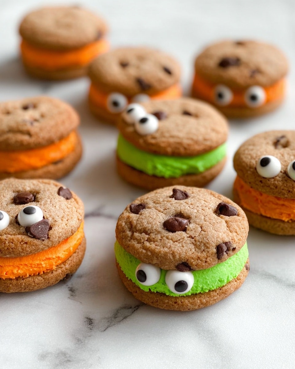 The image shows several small cookie sandwiches arranged on a white marbled surface. Each sandwich has two chocolate chip cookies as the top and bottom layers, with a thick, creamy filling in the middle in either bright orange or green colors. Small candy eyes are placed between the cookie layers, giving each sandwich a playful, animated look. The cookies have a soft, slightly crumbly texture with visible chocolate chips, and the creamy filling appears smooth and thick. Photo taken with an iphone --ar 4:5 --v 7