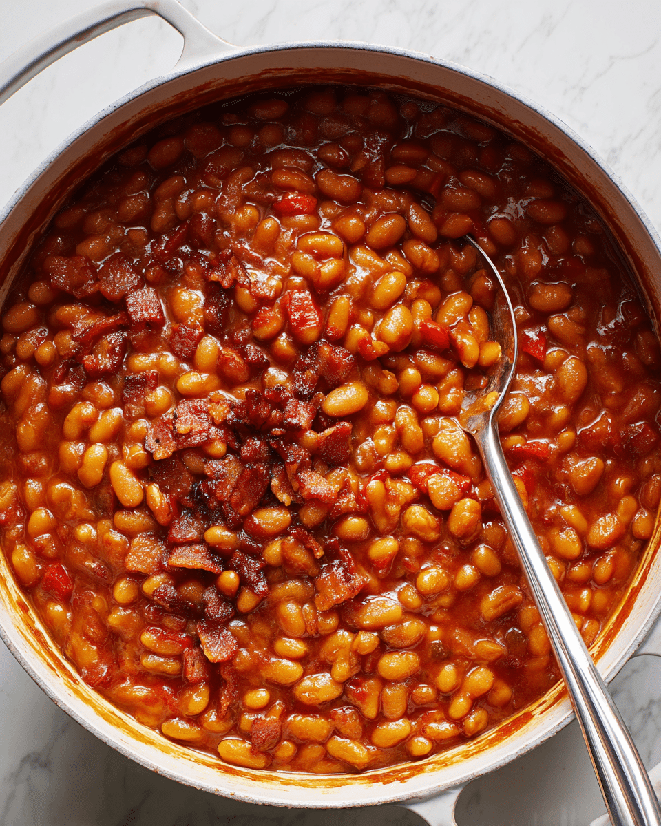 A close-up view of a white pot filled with thick baked beans mixed with chunks of browned bacon and pieces of red pepper, all coated in a rich, glossy reddish-brown sauce. The beans are soft and plump, sitting evenly throughout the sauce. The browned bacon bits are scattered in layers on top and mixed in, adding texture. A silver spoon rests inside the pot on the right side, showing some sauce-covered beans held on it. The pot sits on a white marbled surface. photo taken with an iphone --ar 4:5 --v 7