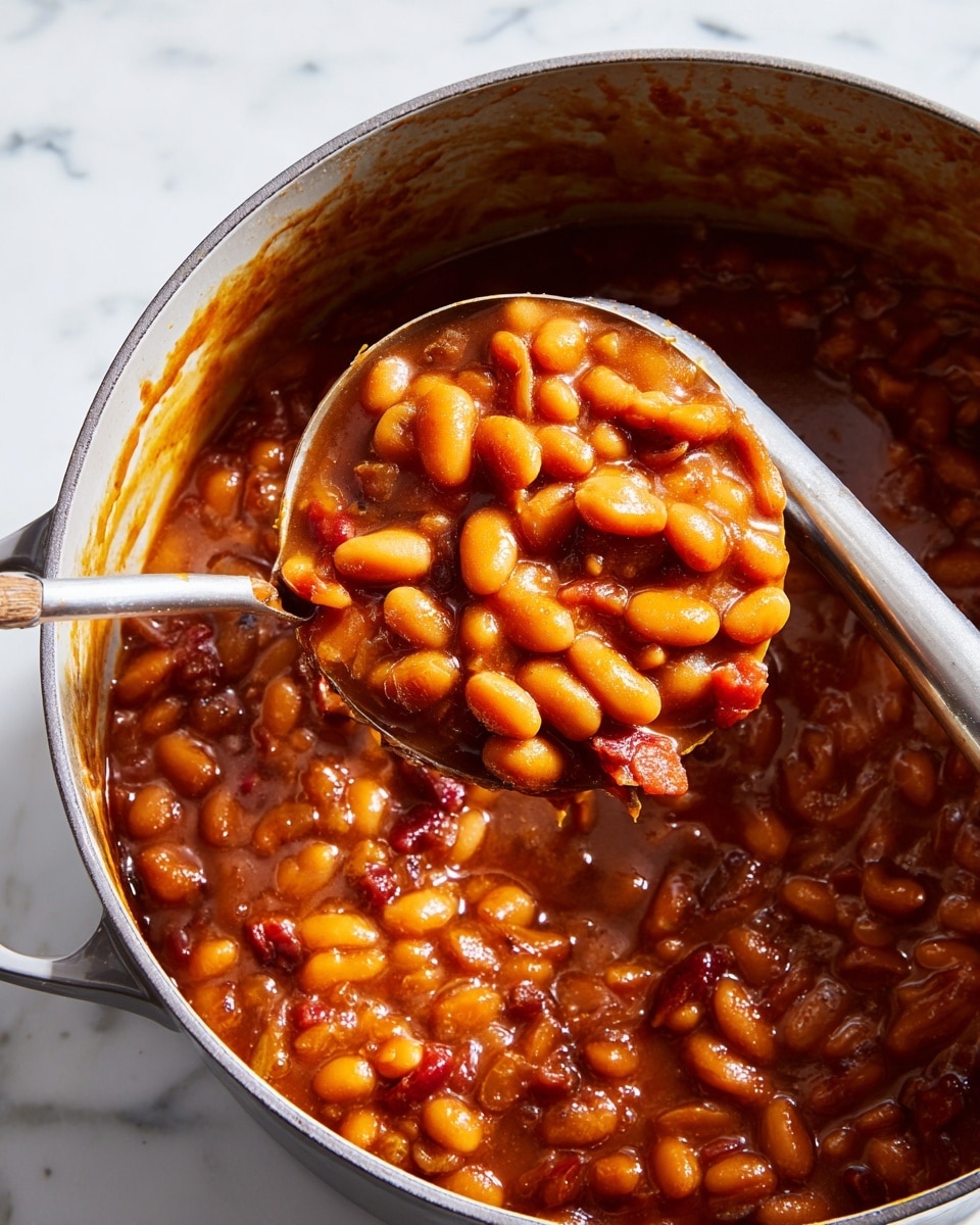 A close-up view of a grey pot filled with thick baked beans in a rich, glossy brown sauce. The dish shows numerous orange-brown beans and small pieces of red and brown bits mixed evenly. A large metal ladle scoops a generous portion of the beans from the pot, with the sauce dripping slightly. The background is a white marbled texture. photo taken with an iphone --ar 4:5 --v 7