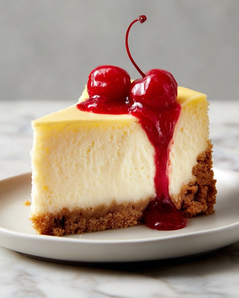 A slice of cheesecake with three visible layers sits on a white plate over a white marbled surface. The bottom layer is a thick, crumbly brown crust. The middle layer is a large, creamy pale yellow cheesecake with a smooth texture. The top layer is a thin, smooth yellow topping. On top of the cheesecake, there are two bright red cherries covered in a shiny, dripping red sauce that runs down the side of the cheesecake. The background is a light gray color. Photo taken with an iphone --ar 4:5 --v 7