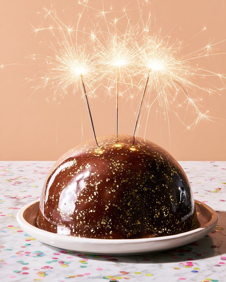 A dome-shaped cake is shown with a shiny dark chocolate glaze that has gold specks scattered on top. The cake is cut to show its inside layers: a thick middle layer of light brown chocolate mousse with a rough texture sits between two layers of soft yellow sponge cake. The cake rests on a white plate, placed on a white marbled surface, with a cake slice being lifted, showing the layers clearly. Photo taken with an iphone --ar 4:5 --v 7