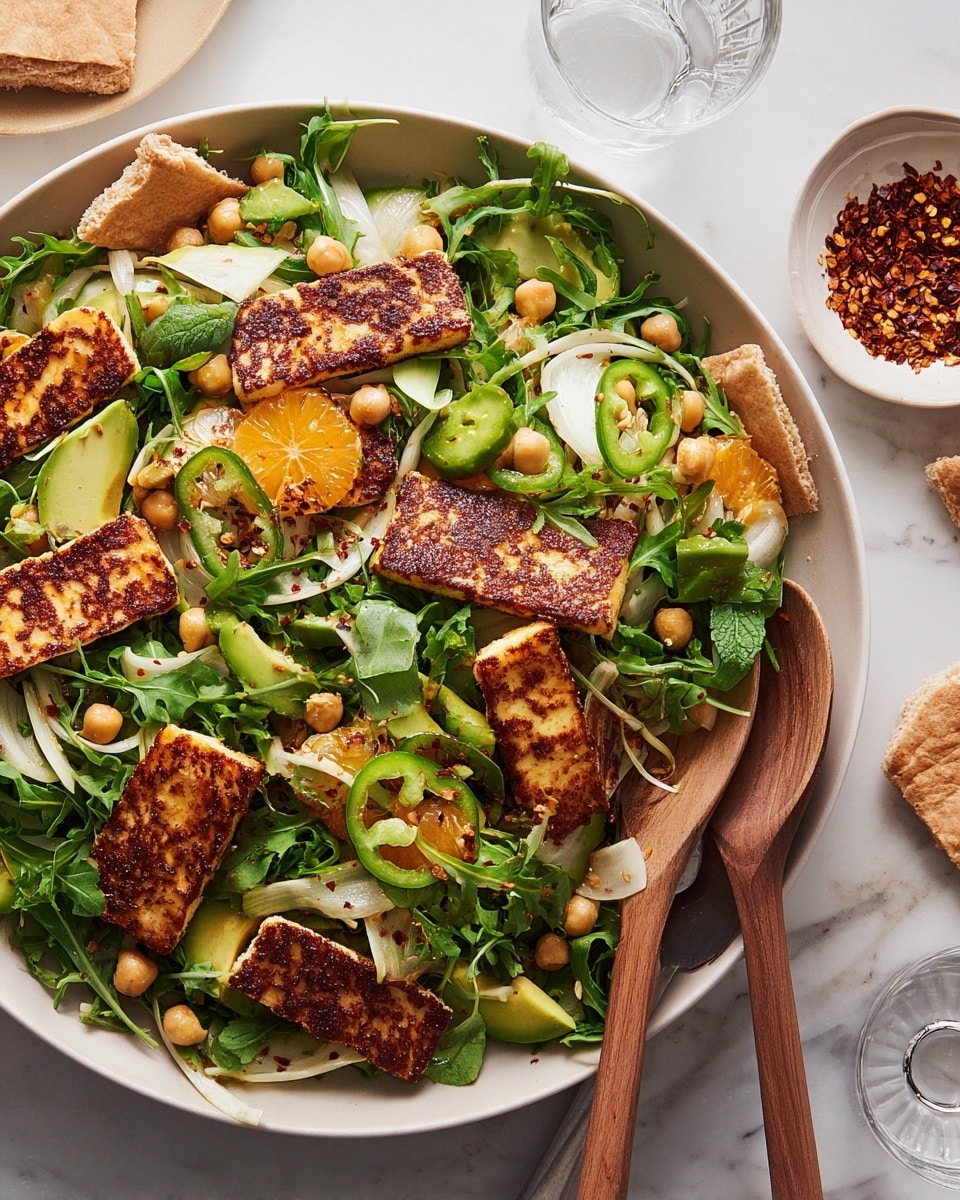 A white shallow bowl holds a fresh salad with a base layer of green arugula and fennel slices, topped with multiple pieces of browned grilled halloumi cheese that have a golden crust. Bright orange segments and pale green avocado slices are scattered throughout, alongside chickpeas and broken pieces of pita bread. Small green jalapeño slices add a pop of color, while wooden salad spoons rest on the right side of the bowl. The whole dish sits on a white marbled surface with a small white bowl of red chili flakes and a couple of empty clear glasses nearby. photo taken with an iphone --ar 4:5 --v 7