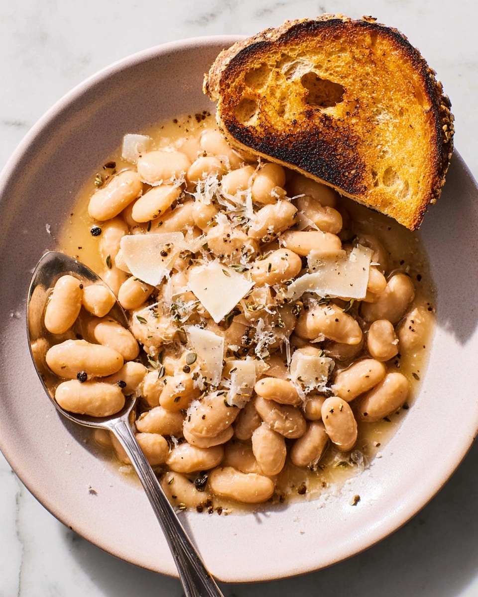 The image shows a white plate filled with a creamy dish of cooked white beans, each bean plump and smooth, covered in a light sauce with a slightly glossy texture. On top, there are small shavings of white cheese and scattered black pepper specks. A toasted slice of golden brown bread with a crispy texture leans on the edge of the plate. A silver spoon scoops some beans, resting on the left side of the plate. The plate is placed on a white marbled surface. Photo taken with an iphone --ar 4:5 --v 7