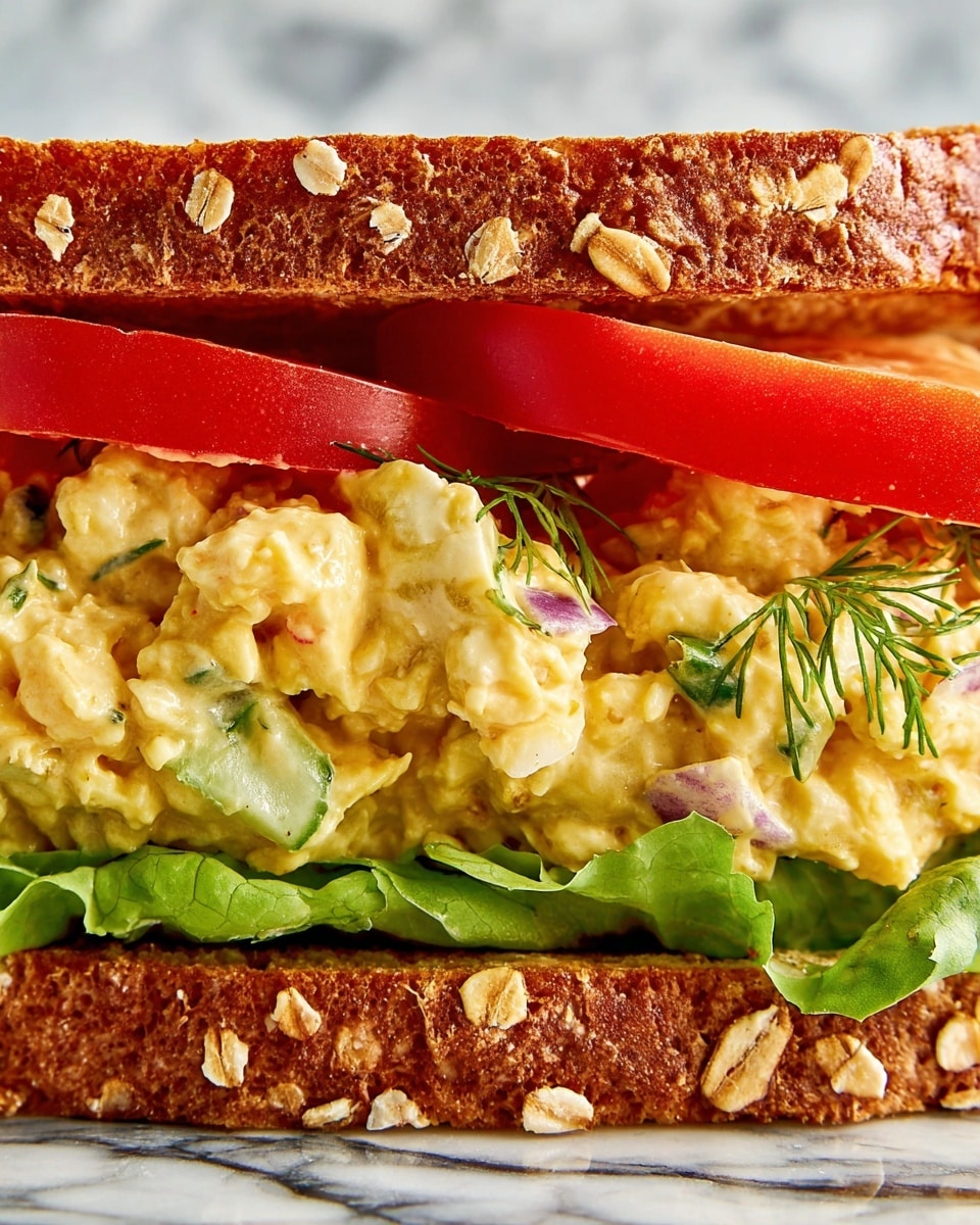 A close-up view of a sandwich showing four main layers inside a whole grain sandwich bun with visible oats on top. The bottom layer consists of fresh, crisp green lettuce leaves with a slightly wrinkled texture, topped by thin, round slices of pickles. Above the pickles is a thick, creamy scoop of egg salad with visible chunks of eggs, green celery pieces, and small cilantro leaves. The top layer includes bright red, thick slices of ripe tomato just under the top half of the bun. The background is a white marbled texture. Photo taken with an iphone --ar 4:5 --v 7
