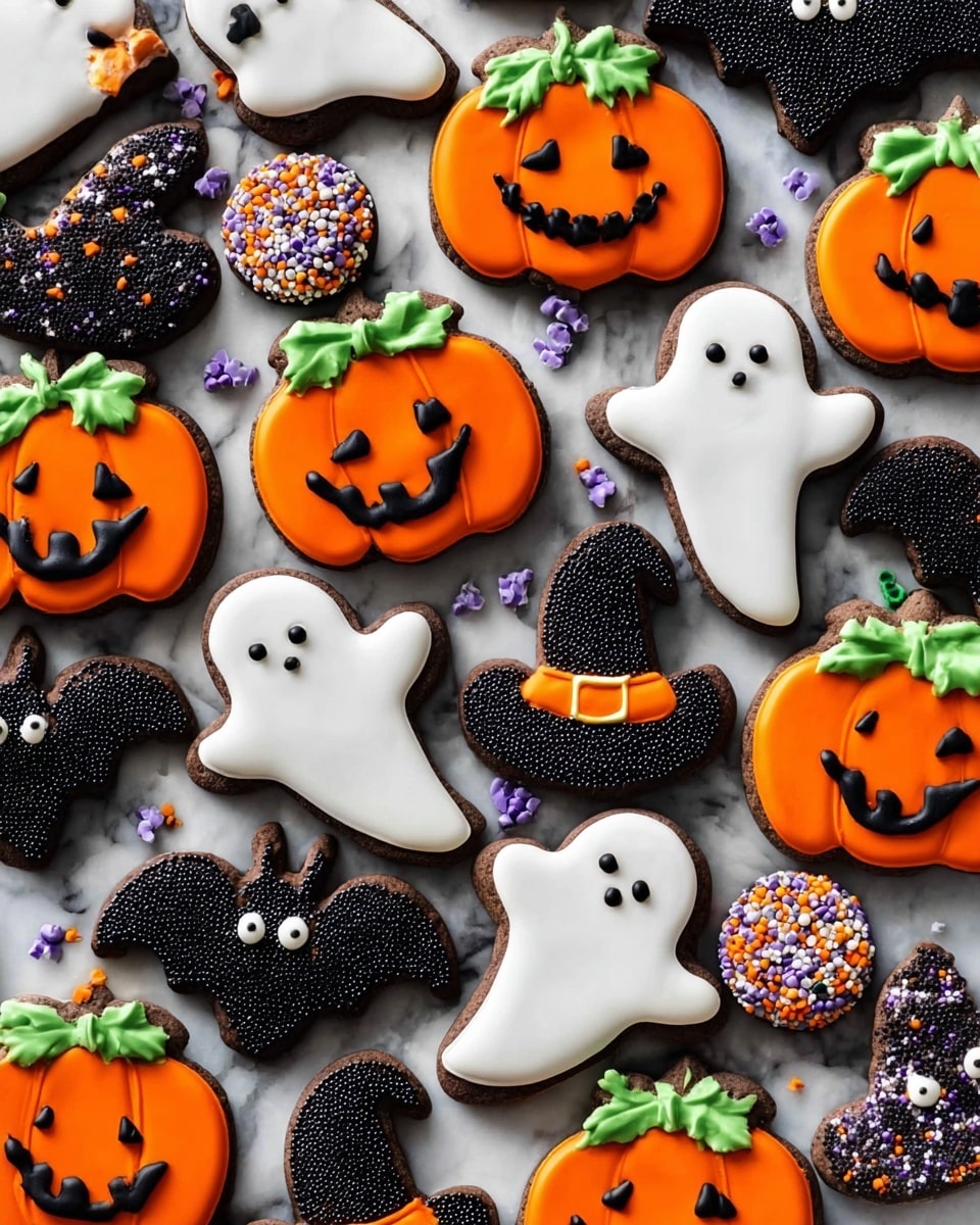 The image shows Halloween-themed cookies on a white marbled surface. Each cookie has two layers: the base is a dark brown cookie shaped like ghosts and bats, with a smooth white glaze layer on top that partly covers each cookie. On top of the glaze, there are colorful sprinkles in orange, green, purple, black, and white scattered unevenly, with some cookies featuring two large emoji-style black and white eyes near the middle. The cookies are arranged randomly, with some sprinkles scattered outside the cookies on the surface. At the top of the image, there is a black banner with white text that reads