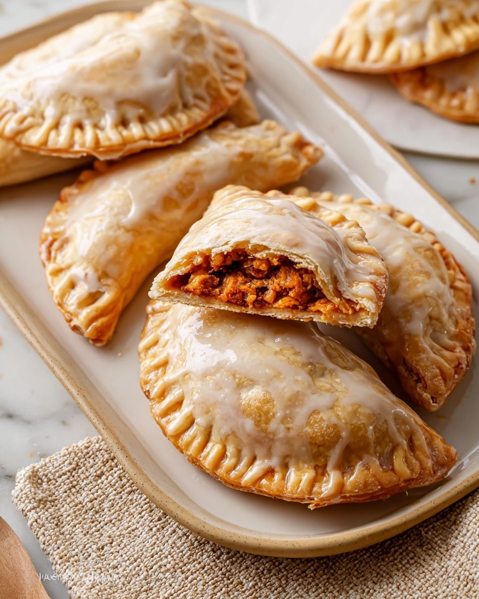 The image shows several crescent-shaped pastries with a shiny light brown glaze on top, resting on a white rectangular plate with a beige rim. One pastry is cut open and placed on top of another, revealing a thick, crumbly orange filling inside with a flaky, layered dough crust. The glaze adds a smooth texture and slight shine, while the crust edges are crimped. The pastries sit on a white marbled surface with a beige textured cloth nearby. Photo taken with an iphone --ar 4:5 --v 7