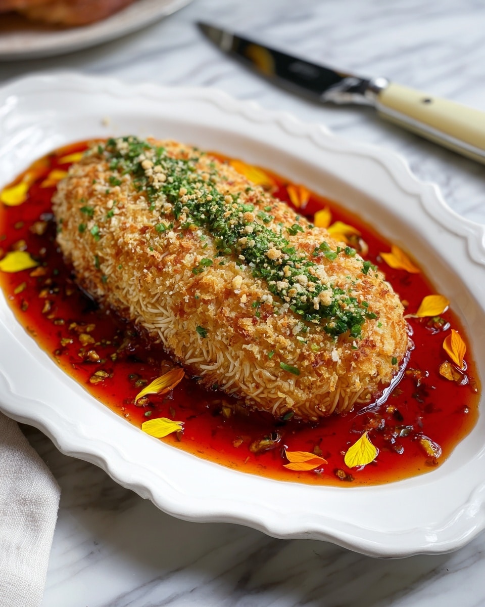 The dish shows a rectangular piece with a crispy, golden-brown outer layer made of thin, crunchy strands, topped with finely chopped green herbs and crushed nuts in the center. The inside appears soft and white, slightly visible where a small section is cut off from the right side. This main piece sits on a shiny, reddish-brown sauce spread unevenly around it on a white scalloped plate, with scattered small green herb pieces and a few bright yellow and orange edible flower petals adding color around the edges. The whole plate is placed on a white marbled surface. photo taken with an iphone --ar 4:5 --v 7