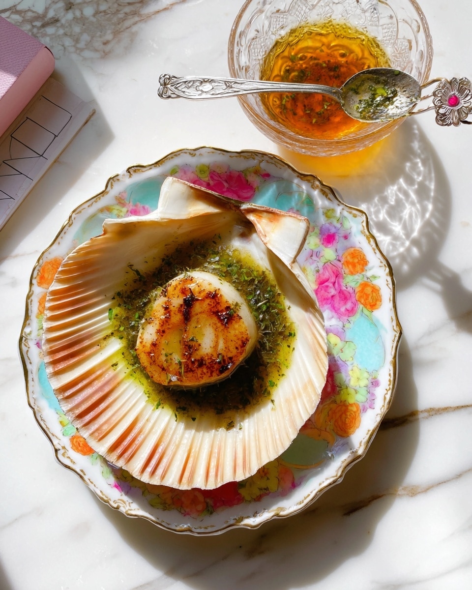 A close-up view of two grilled scallops resting inside a ridged scallop shell on a delicate white plate with a floral and light gold pattern around the edges. The scallops are lightly browned with a slightly crispy texture and topped with finely chopped green herbs sprinkled over a glossy herb-infused oil sauce inside the shell. A silver fork with an ornate handle lifts one scallop, showing its soft, white interior. In the background, a lemon wedge peeks into frame on a white marbled surface. Photo taken with an iphone --ar 4:5 --v 7
