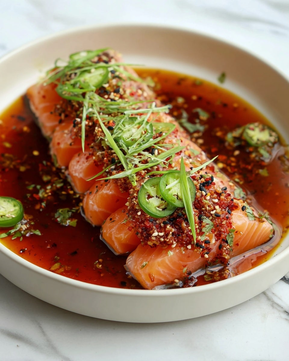 A white shallow bowl holds fresh salmon sliced into five pieces arranged in a fan shape. The salmon is light orange with a slightly shiny texture, topped with a thick layer of reddish-pink minced mixture sprinkled with black and white sesame seeds, and thin green strips of herbs, with some round green slices of jalapeño peppers placed on top at intervals. The dish sits in a pool of dark red oily sauce that surrounds the salmon, with some small chili flakes floating on the sauce. The background is a white marbled surface. photo taken with an iphone --ar 4:5 --v 7