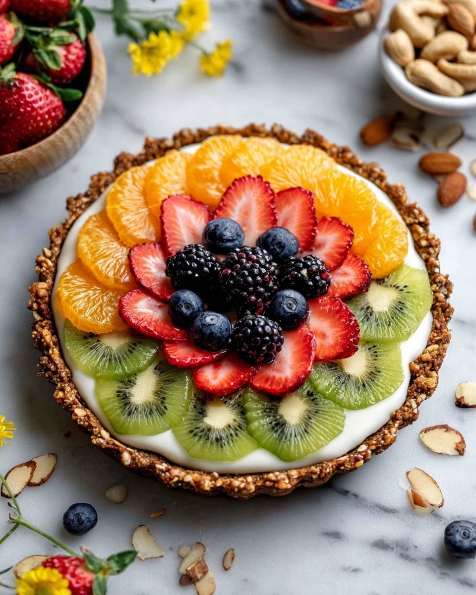 A round tart with a rough-textured brown crust made from nuts or oats holds a smooth white creamy layer inside. On top, there are three layers of fruit arranged in a circle: the outer circle has bright orange mandarin slices and green kiwi slices with seeds showing; the middle circle features red strawberry slices fanned out with their white centers visible; the center has a pile of blackberries, blueberries, and a single whole strawberry, all deep dark colors. A few blueberries are scattered over the other fruit layers. The tart sits on a white marbled surface with some almonds, cashews, strawberries, blueberries in a white bowl, and small yellow flowers around it. photo taken with an iphone --ar 4:5 --v 7