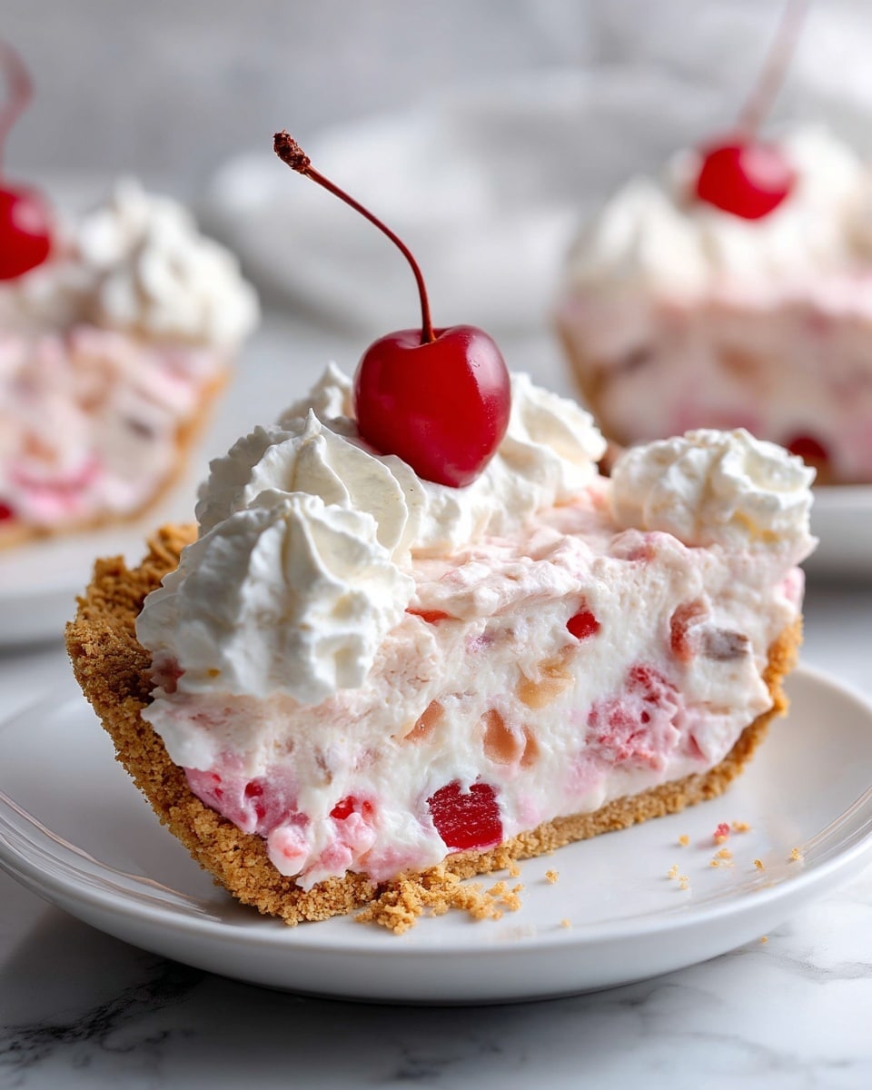 A slice of pie with three visible layers sits on a white plate over a white marbled surface. The bottom layer is a light brown crumbly crust that holds the filling. The second layer is thick and creamy with white and soft pink mixed textures, containing small pieces of red cherries and bits of light fruit. The top layer has a dollop of fluffy white whipped cream with a bright red cherry on top and a long stem. The background shows another soft creamy pie with white whipped cream and red cherries blurred. Photo taken with an iphone --ar 4:5 --v 7
