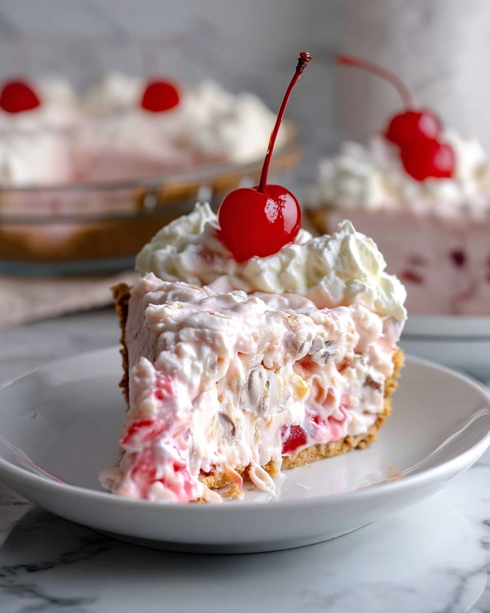 A slice of creamy pie sits on a white plate with a slightly raised edge, placed on a white marbled surface. The pie has three visible layers: the bottom is a light brown crumbly crust; the middle is thick and pale pink with small chunks of red fruit and some texture from nuts or coconut mixed in; the top layer is white whipped cream, swirled with soft peaks and crowned by a shiny bright red cherry with a long stem. In the background, there is a blurry view of more pie topped with whipped cream and cherries. photo taken with an iphone --ar 4:5 --v 7