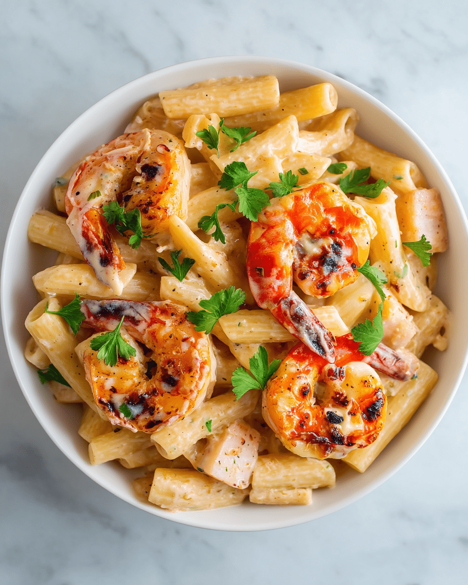 The image shows a white bowl filled with creamy pasta and large grilled shrimp. The pasta consists of short tubular pieces coated in a smooth, light beige sauce. On top and mixed in are four grilled shrimp with charred spots, showing orange and white colors with a glossy, saucy texture. Scattered fresh green parsley leaves add a pop of color across the dish. The creamy sauce clings to both the pasta and shrimp, while some small pieces of what appears to be white fish or cheese are also visible. The bowl is set on a white marbled texture surface. photo taken with an iphone --ar 4:5 --v 7