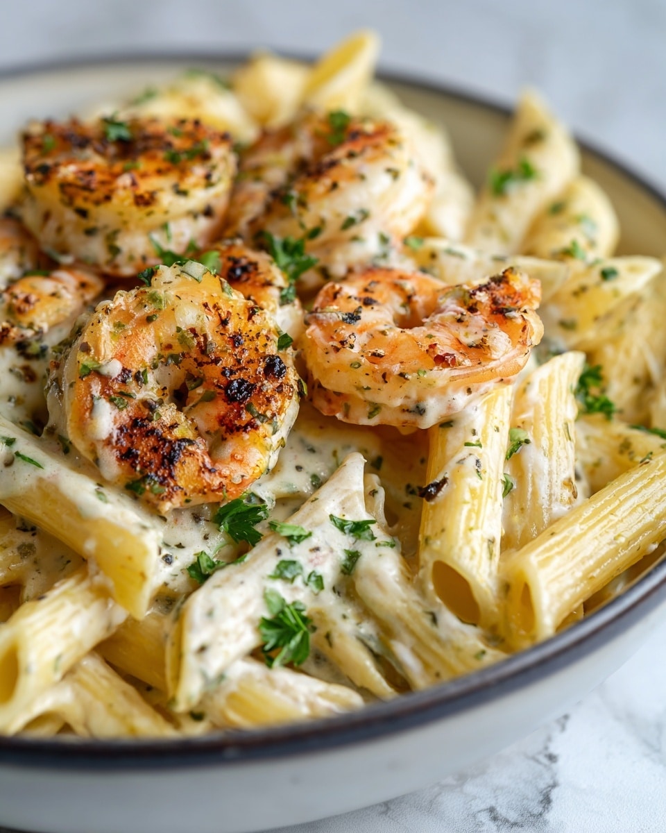 A close-up view of a bowl filled with creamy white penne pasta topped with four large grilled shrimp, each shrimp showing a mix of pink, orange, and slight charring in dark brown and black spots. The pasta is coated in a smooth, creamy white sauce that clings to the noodles, with small dark green herb bits scattered throughout. Bright green parsley leaves are spread evenly on top, adding a fresh pop of color. The bowl itself is white with a dark rim, set against a white marbled texture background. photo taken with an iphone --ar 4:5 --v 7