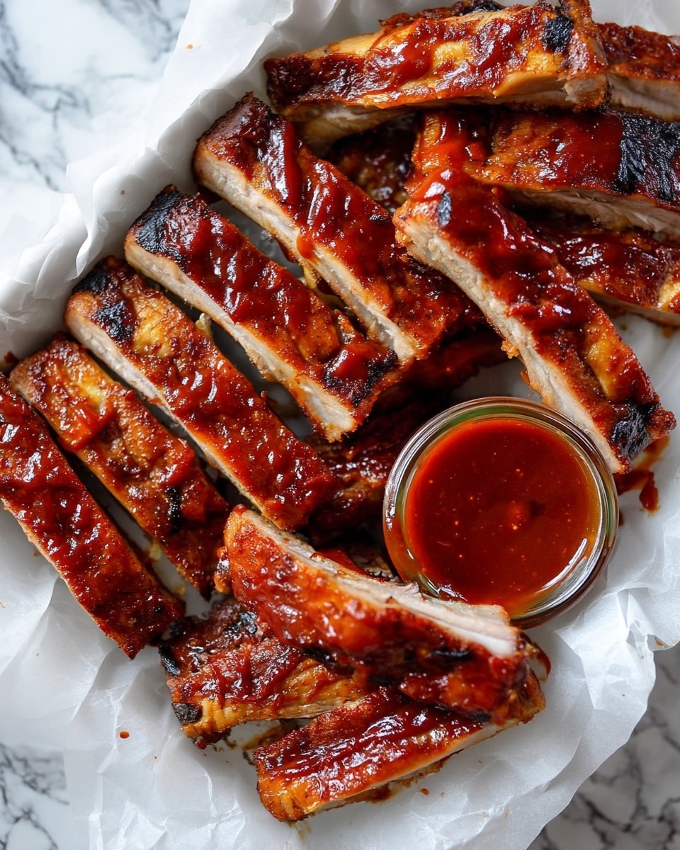 The image shows a pile of grilled pork ribs arranged closely on white parchment paper lined in a container, each rib glazed with a shiny, dark reddish-brown barbecue sauce and with some slightly charred edges. A small clear glass jar filled with thick barbecue sauce, the same color as the glaze, sits near the ribs on the lower right side, resting partly on the ribs. The ribs have a meaty, juicy texture with visible layers of cooked meat and a slightly crispy surface. The background is a white marbled texture. photo taken with an iphone --ar 4:5 --v 7