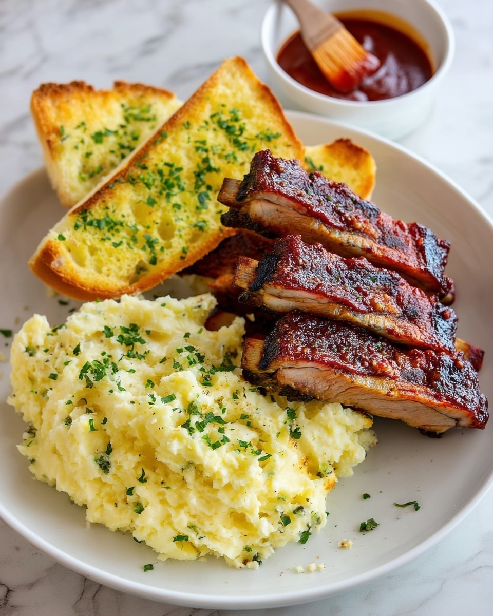 A white plate holds a stack of five grilled ribs with a dark, crispy, and slightly charred outer layer, showing a mix of rich brown and reddish hues. Next to the ribs, there is a large serving of creamy mashed potatoes sprinkled with small bits of green herbs. To the side of the mashed potatoes, one piece of golden garlic bread with green herbs on top is placed. The plate is set on a white marbled surface, with a small bowl of reddish-brown barbecue sauce and a wooden brush with sauce nearby. photo taken with an iphone --ar 4:5 --v 7