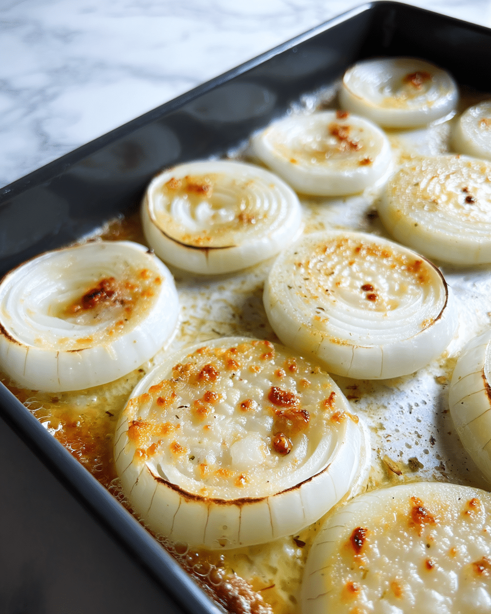 The image shows a close-up view of thick onion slices baking in a pan. There are about two layers of onion rings, each with a pale white color and slightly browned edges. The onions have a soft, slightly translucent texture with small golden-brown spots from roasting. The pan has a shiny, oily surface with some bubbling, making the onions appear juicy and tender. The background is a white marbled texture. photo taken with an iphone --ar 4:5 --v 7