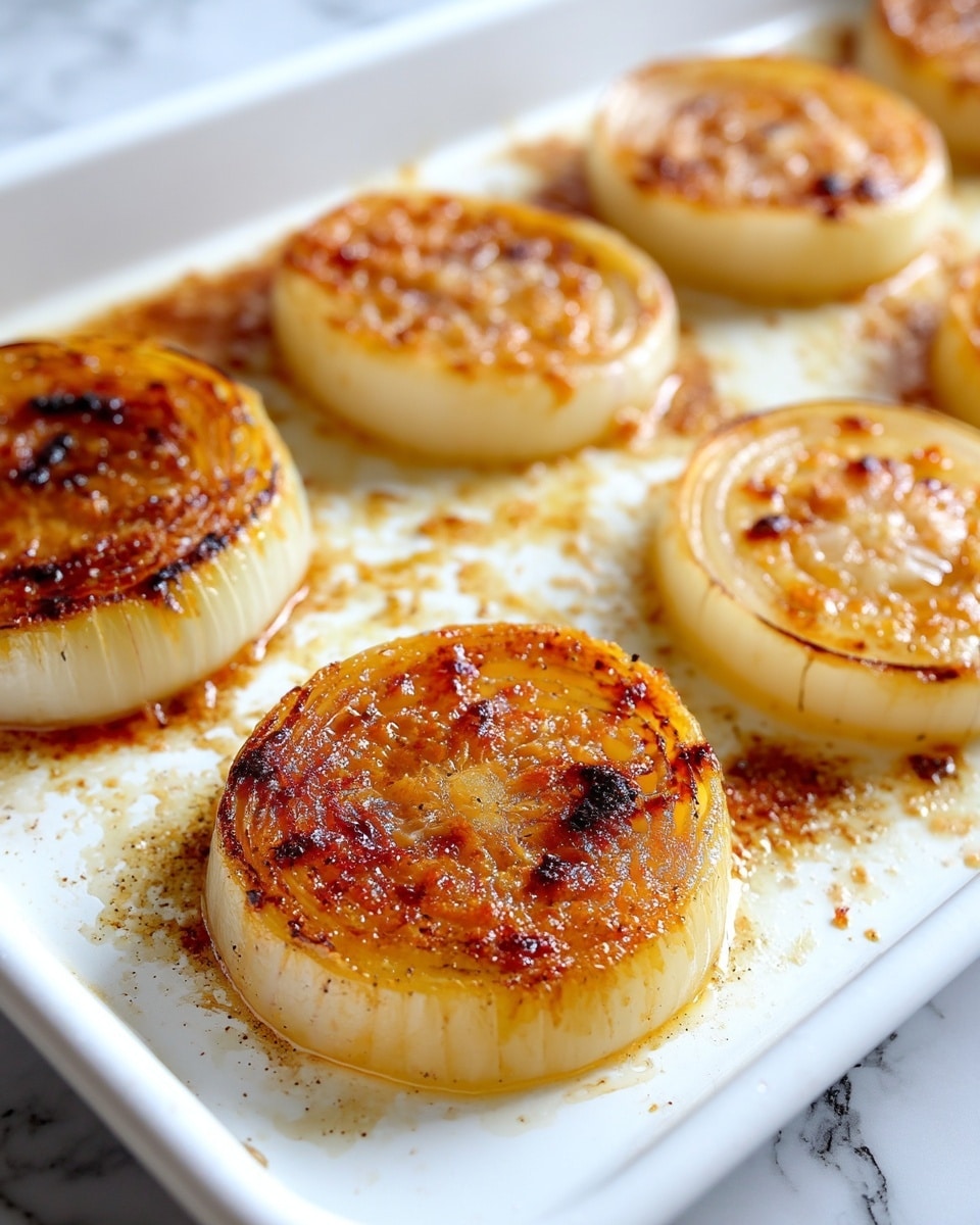 The image shows several thick, round slices of onion laid out in a single layer on a white baking tray, each slice golden brown and slightly caramelized around the edges with a glossy surface from cooking oil or butter. The onions have a slightly translucent texture with some charred spots indicating they are roasted or grilled. The background features a white marbled texture under the tray, adding a clean and bright feel to the image. Photo taken with an iphone --ar 4:5 --v 7