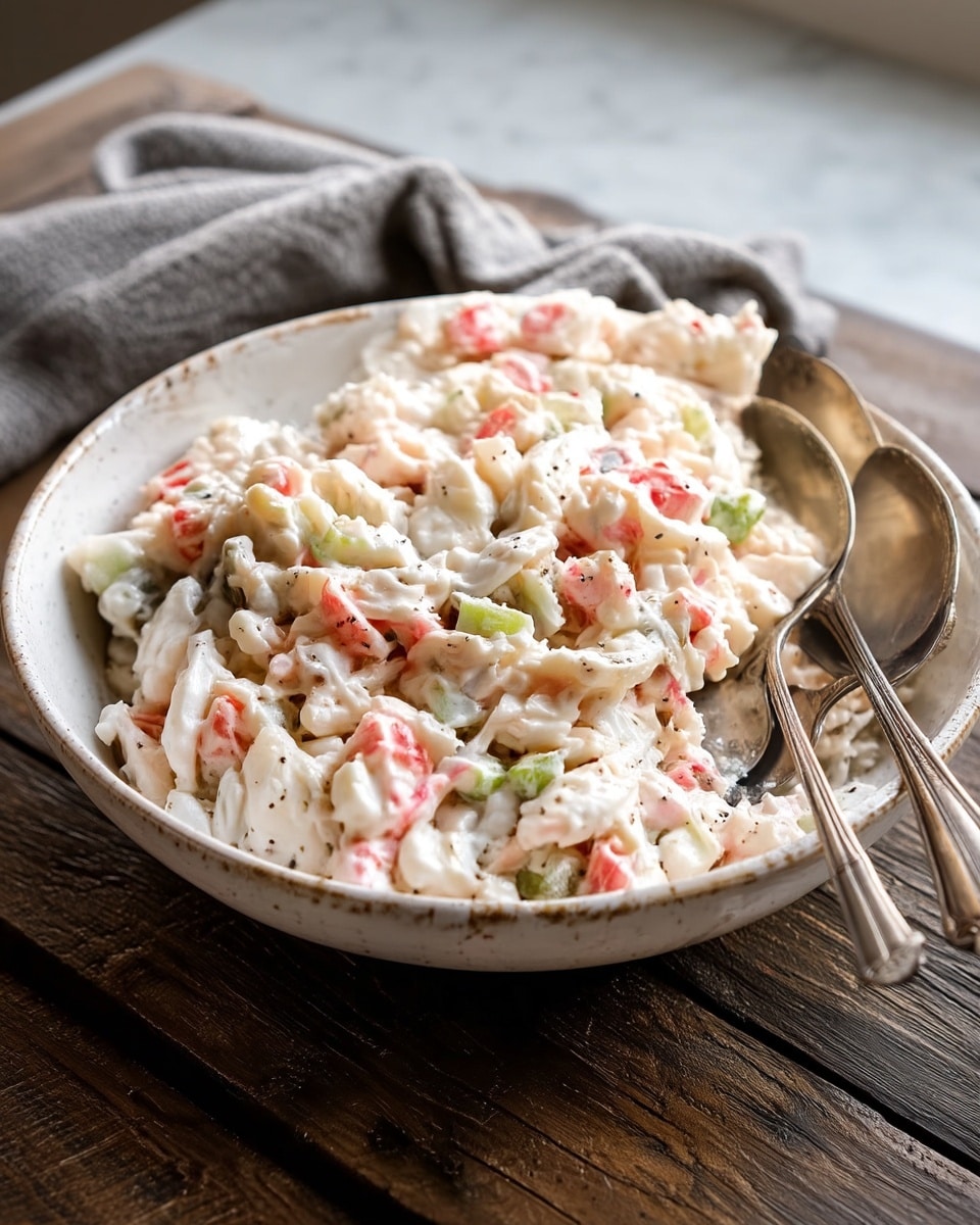 A close-up of a large white bowl filled with creamy white crab salad mixed with pink crab meat pieces and small green celery chunks evenly spread throughout. The crab salad looks soft and moist with a textured, slightly lumpy surface, lightly sprinkled with black pepper. Two vintage silver spoons rest inside the bowl on the right side. The bowl is placed on a wooden table with a gray cloth casually folded in the background, all set against a white marbled surface. Photo taken with an iphone --ar 4:5 --v 7
