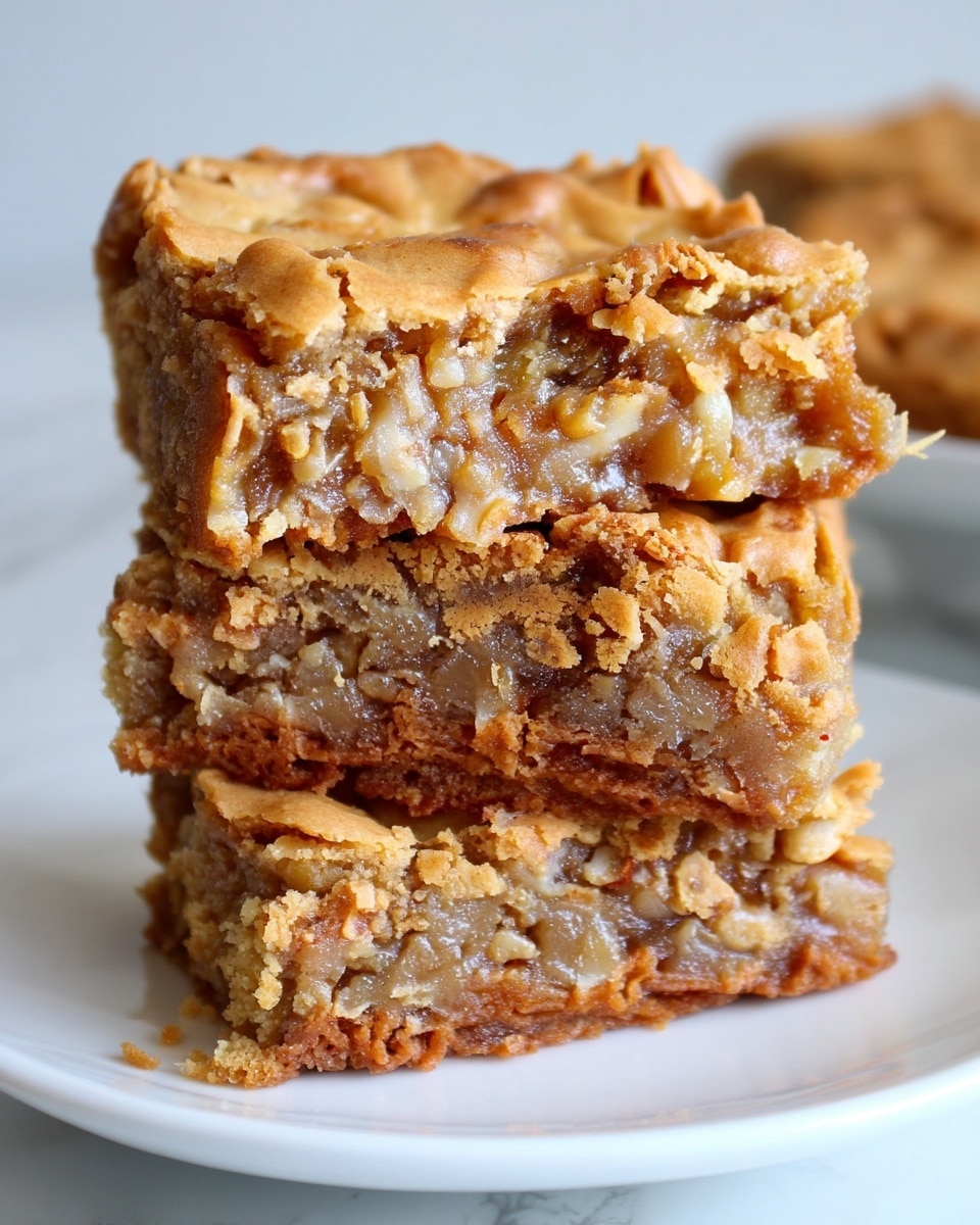A close-up image of three thick, square blondie bars stacked on top of each other on a white plate. Each blondie has a golden-brown crust with a slightly cracked and crumbly texture. Inside, the filling looks moist and chewy, with visible bits of what looks like nuts or oats mixed in a light caramel-colored batter. The edges show a slight crispiness while the inside remains soft and dense, giving the bars a textured, homemade look. The setting has a white marbled surface in soft natural light. photo taken with an iphone --ar 4:5 --v 7