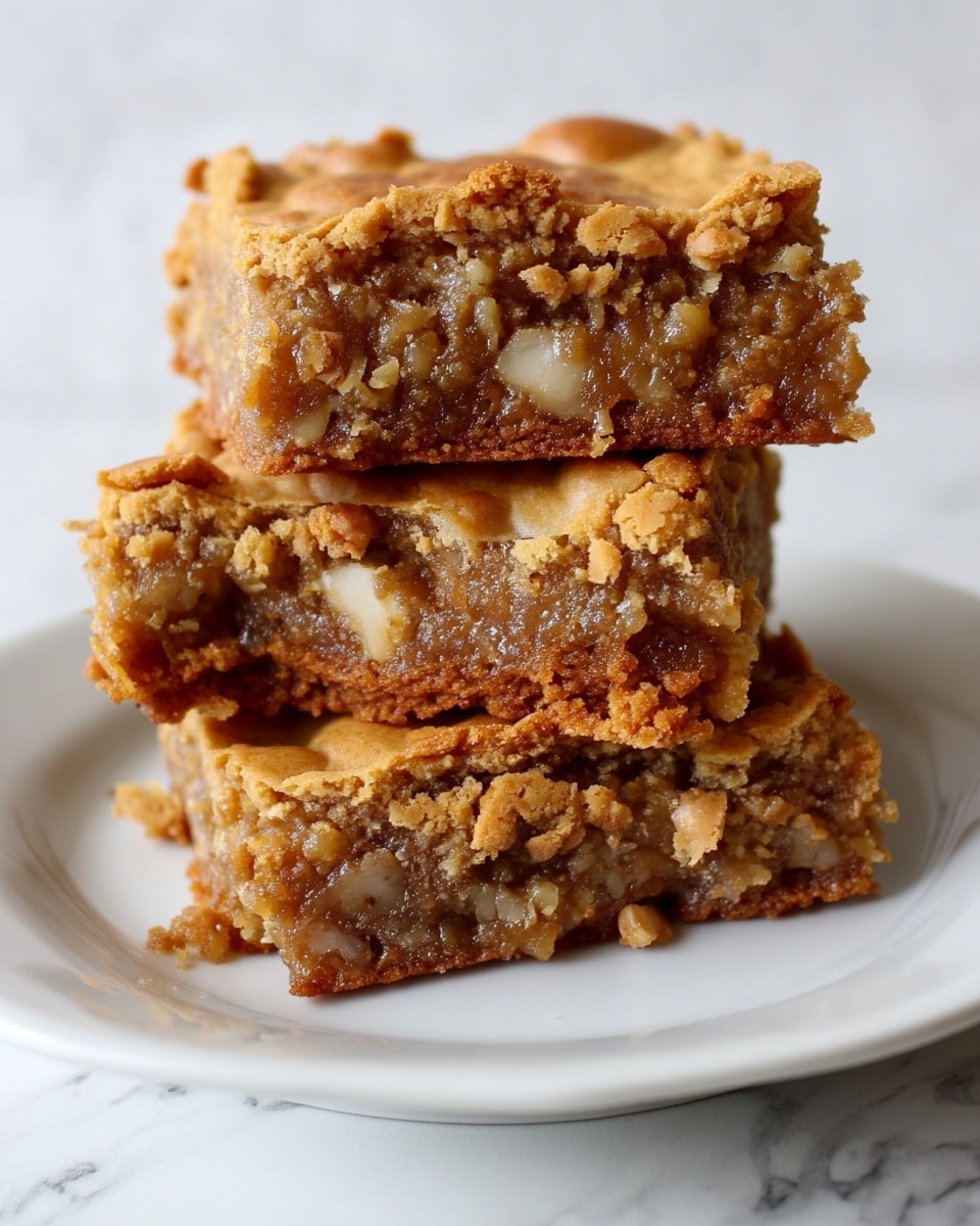 A close-up image showing a stack of three square blondies placed in the center of a round white plate on a white marbled surface. Each blondie has three distinct layers: a top golden-brown crust that is slightly cracked and crumbly, a middle gooey and moist light brown layer with visible small white bits which look like coconut flakes or nuts, and a bottom layer that is darker brown and firmer in texture, giving a nice contrast to the softness above. The blondies have rough edges and uneven surfaces, making them look homemade and rich. photo taken with an iphone --ar 4:5 --v 7