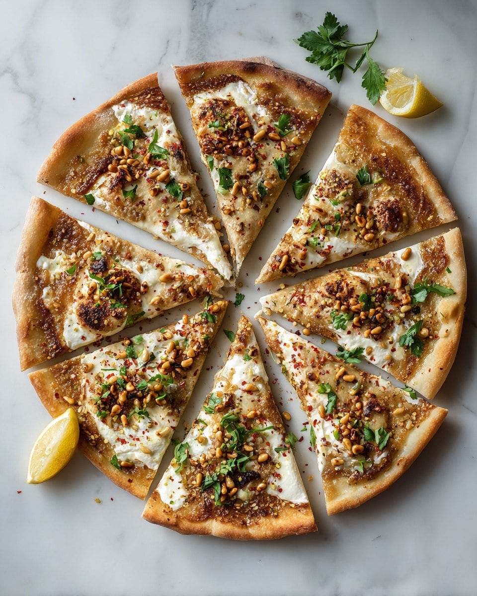 A round pizza cut into eight slices sits on a white marbled surface with a small wedge of lemon and fresh parsley leaves nearby. The pizza has a thin golden crust at the edges, with a top layer of brown spread that looks smooth and slightly oily. Scattered over the top are white dollops of soft cheese, roasted pine nuts, small green parsley leaves, and red chili flakes. The toppings are spread unevenly, giving a rustic look, and the pizza appears warm and fresh. Photo taken with an iphone --ar 4:5 --v 7