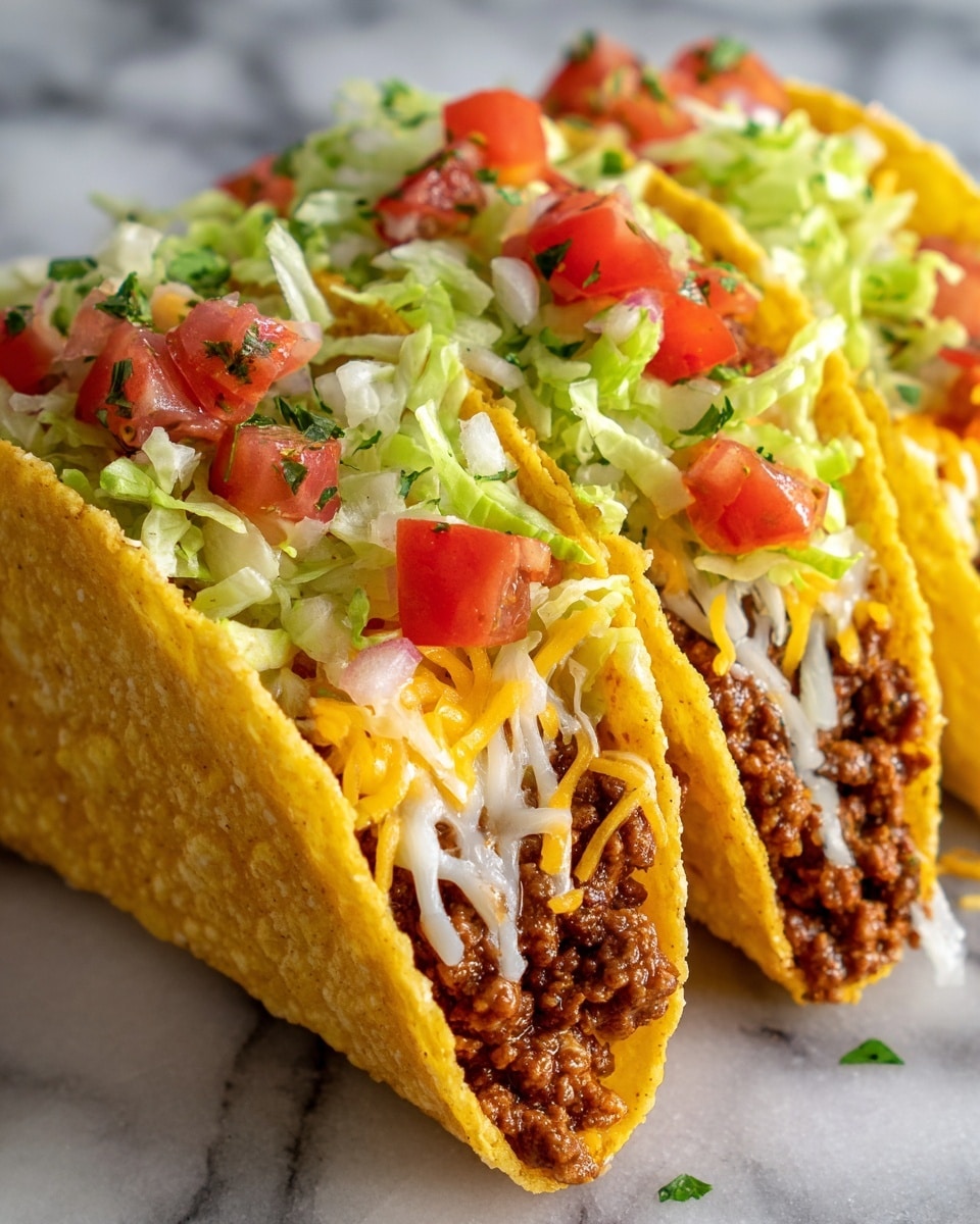 The image shows three yellow crispy taco shells filled with different layers. The front two tacos are filled with melted white cheese mixed with ground meat that looks juicy and brown, sprinkled with small green herbs. The taco in the back is filled with fresh shredded pale green lettuce on top of chopped bright red tomatoes and small bits of white onion, also sprinkled with finely chopped green herbs. The tacos are placed on a white marbled surface, with melted cheese slightly overflowing from the taco shells. Photo taken with an iphone --ar 4:5 --v 7