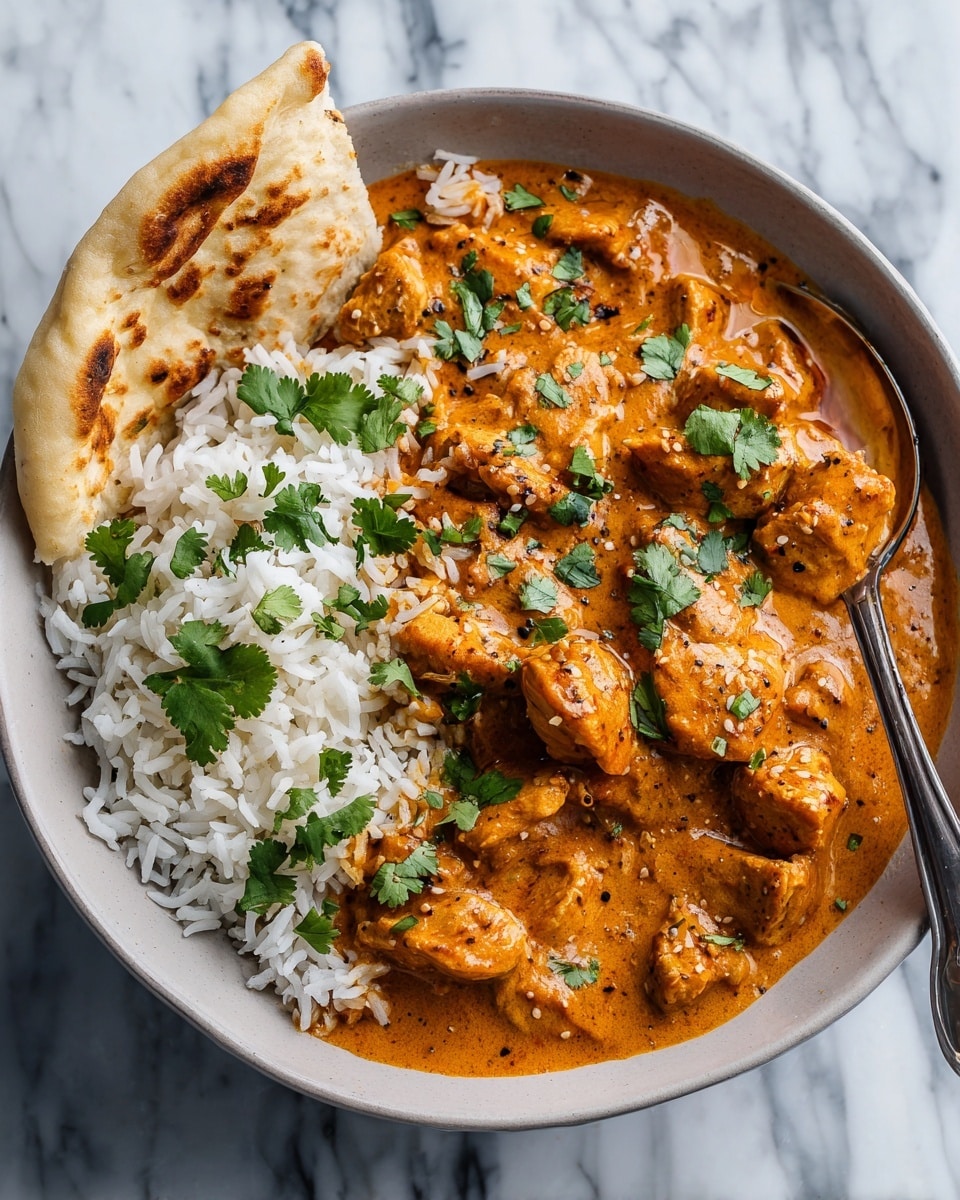 A bowl filled with a base layer of white rice, topped with a rich, creamy orange-colored curry sauce that covers pieces of chicken. Fresh green cilantro leaves are sprinkled over the curry for a bright contrast. A piece of folded, lightly browned flatbread is placed on the right edge of the bowl, resting partially in the sauce. A spoon is dipped into the food on the right side, and the bowl sits on a white marbled surface. Photo taken with an iphone --ar 4:5 --v 7