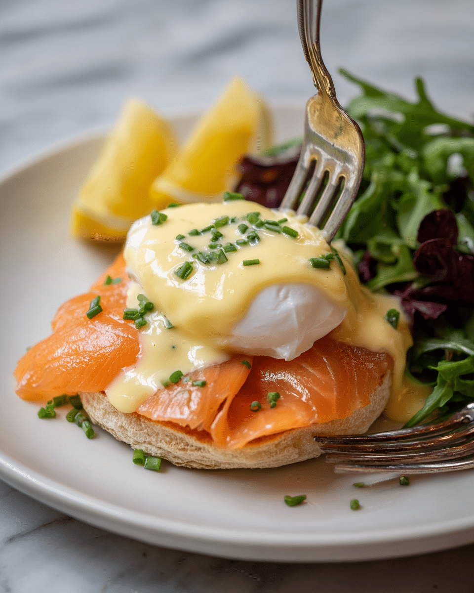 The image shows a close-up of an eggs benedict dish with three layers: the bottom layer is a light tan toasted English muffin with a soft texture, topped by a layer of bright orange smoked salmon slices that are slightly curled and shiny, then a white poached egg with a smooth surface sits on top, covered by a creamy pale yellow hollandaise sauce that drips down the sides. Small green chive pieces sprinkle the sauce for color contrast. On the side, fresh green leafy salad and lemon wedges with a bright yellow rind and pale inner flesh lay on a white plate, all placed on a white marbled surface. A vintage silver fork is pressing softly into the egg. photo taken with an iphone --ar 4:5 --v 7