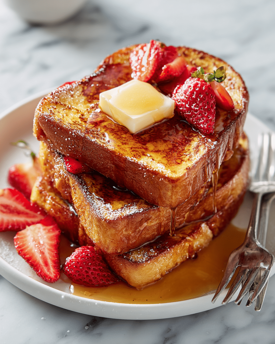 A stack of three thick French toast slices sits centered on a white plate, each slice golden brown with a slightly crispy texture on the edges. On top of the stack, there is a melting square of butter that shines in the light, surrounded by a drizzle of syrup pooling and running down the sides. Fresh, halved strawberries in a bright red color are scattered on top and around the stack, adding a fresh and juicy contrast. A silver fork rests beside the plate on the white marbled surface. The scene is warm and inviting, showing a delicious breakfast. photo taken with an iphone --ar 4:5 --v 7