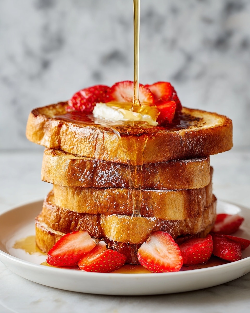 A stack of four thick slices of toasted bread, golden brown with a slightly crispy texture on the edges, sits on a white plate. On top, there is a pat of melting butter near the back, and fresh red strawberries are scattered around the base of the toast. Golden syrup is being poured from above, flowing down the top slice and dripping over the sides, pooling slightly on the plate. The background is a white marbled surface. Photo taken with an iphone --ar 4:5 --v 7