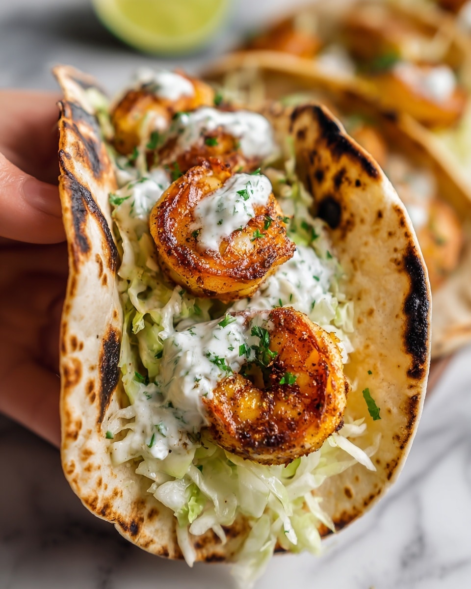 A grilled taco held by a woman's hand shows three plump, browned shrimp layered on top of finely shredded light green cabbage, all inside a slightly charred soft tortilla. The shrimp have a golden, slightly crispy texture with small green herb bits and a dollop of white creamy sauce on top. The tortilla's edges are slightly burnt, adding a rustic look. The background is softly blurred, showing more shrimp and tacos on a white marbled texture. Photo taken with an iphone --ar 4:5 --v 7