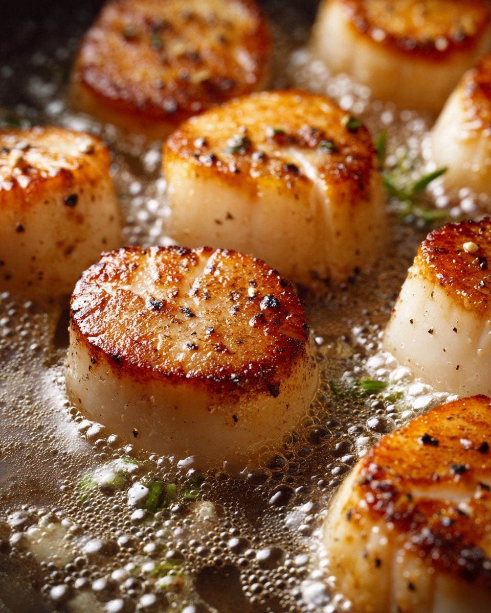 The image shows several thick, round slices of scallops, each with a crisp, golden brown top layer that looks slightly textured and seared. The scallops are cooking in bubbling, foamy butter that fills the space around them with small droplets and bubbles. The sides of the scallops are a pale, creamy white, contrasting with the darker, browned tops. Tiny black specks of seasoning are scattered over the scallops, giving a slight speckled look. Some green herbs are barely visible in the bubbling butter near the edges. The entire scene is close up, filling the frame with warm, rich colors and shiny, moist textures. Photo taken with an iphone --ar 4:5 --v 7