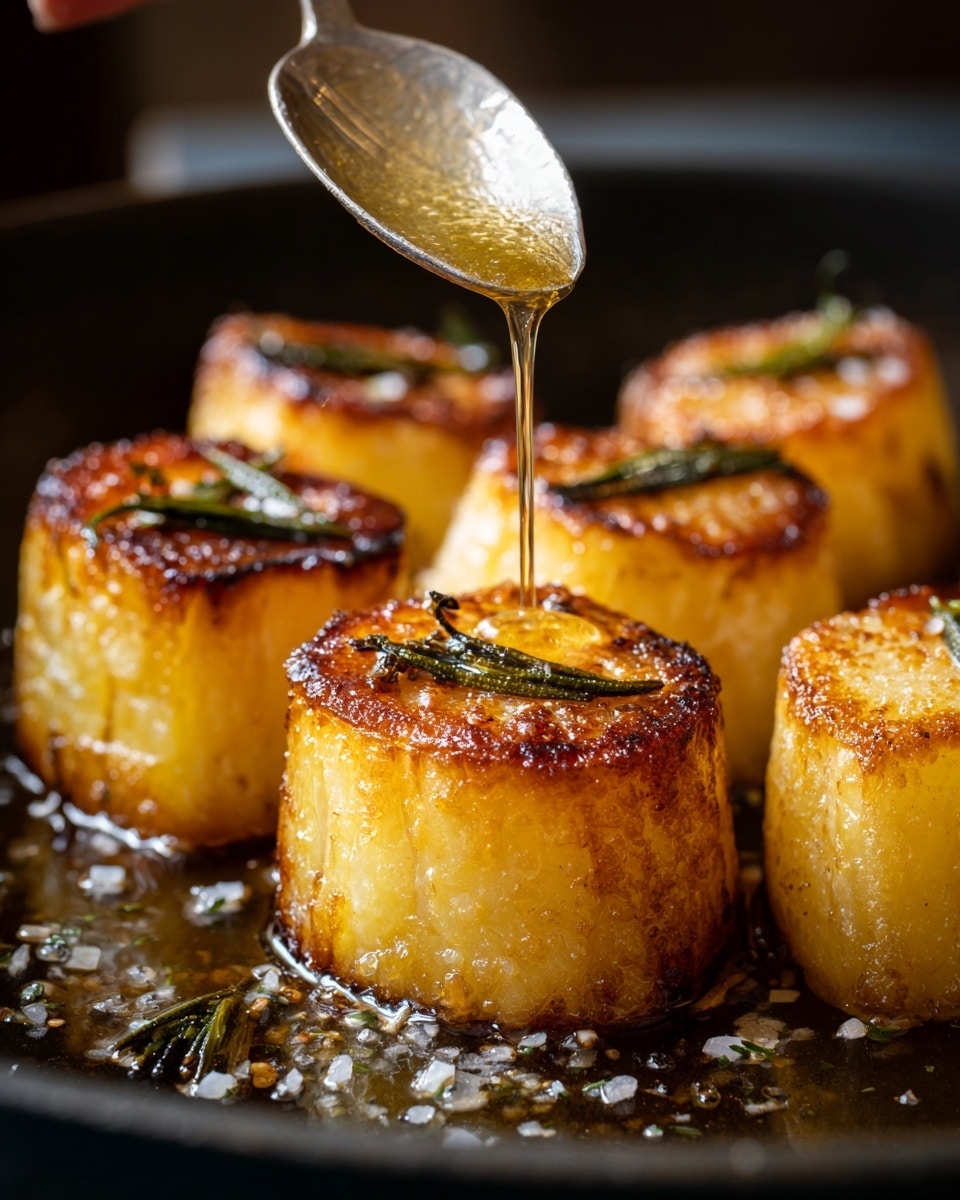 The image shows several thick, round pieces of cooked root vegetable, golden brown and crispy on the outside with a smooth, soft yellow inside. Each piece stands upright in a pan, sprinkled lightly with coarse salt and small green herb leaves. In the center, a spoon held by a woman's hand drizzles a glossy, golden liquid, likely melted butter or sauce, over one of the pieces, creating a shiny, moist top layer. The background is softly dark, highlighting the warm tones of the vegetables. photo taken with an iphone --ar 4:5 --v 7