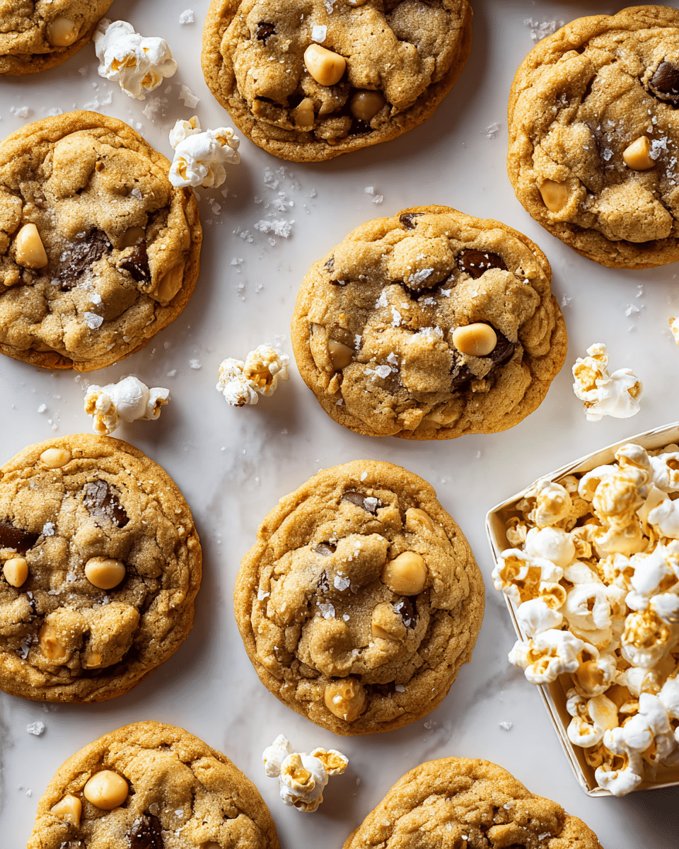 The image shows a close-up of several golden brown cookies laid out on a white marbled surface. Each cookie has a slightly cracked texture and is studded with dark chocolate chips and light beige peanuts throughout its single thick layer. Scattered on top and around the cookies are a few pieces of bright white popcorn, adding a unique decorative touch with their fluffy, uneven shapes. Small grains of coarse sea salt are sprinkled on the cookies, giving a hint of sparkle to the warm tones. In the bottom right corner, part of a white box filled with caramel popcorn is visible. Photo taken with an iphone --ar 4:5 --v 7