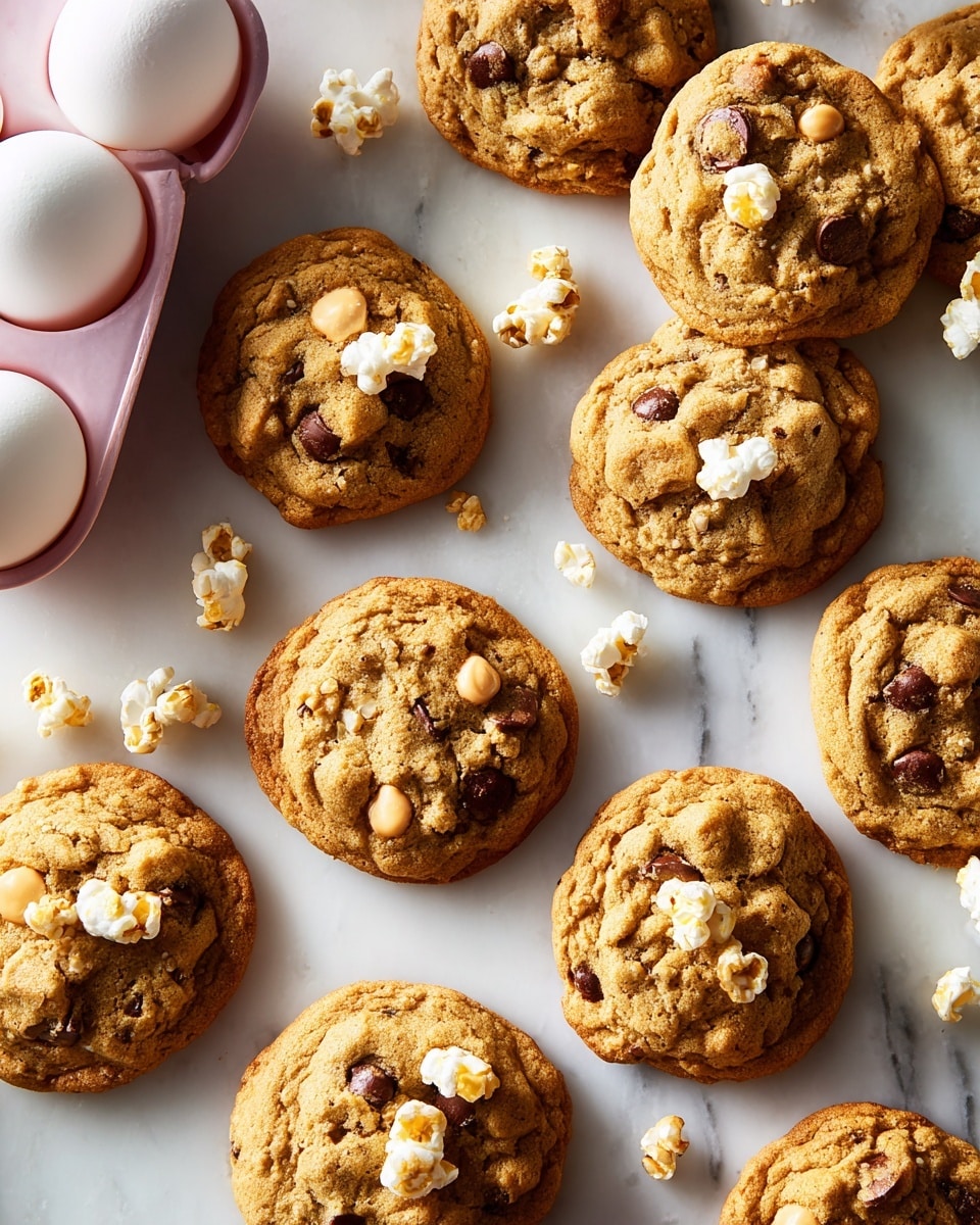 The image shows a group of golden brown cookies scattered on a white marbled surface. Each cookie has a rough texture with visible chocolate chips and peanuts embedded in the dough. Some cookies have small pieces of popcorn on top, adding a light, airy layer contrasting with the dense cookie base. To the left side, there is a white egg carton holding three white eggs, adding a smooth and round element to the scene. The whole setup gives a warm, crunchy, and inviting look. Photo taken with an iphone --ar 4:5 --v 7