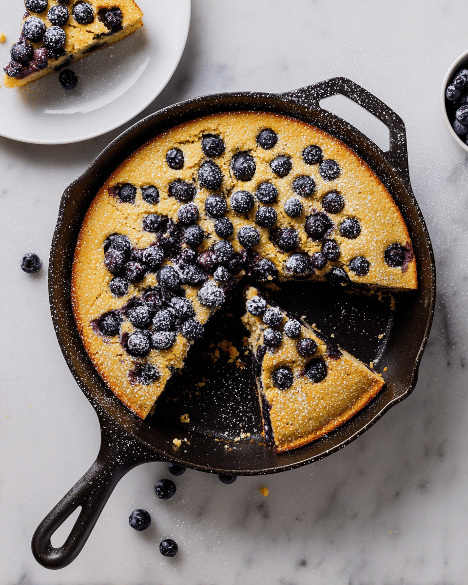 A round blueberry cornbread is shown in a black cast iron skillet with a handle, placed on a white marbled surface. The cornbread has a golden brown crust with a slightly crumbly texture, topped generously with whole blueberries that are dark purple and slightly sunken into the bread. The cornbread is cut into triangular slices, with one slice partly removed and lying inside the skillet. A few scattered crumbs and a dusting of white powdered sugar add texture to the scene. In the top left corner, a white plate partially holds another piece of the cornbread with blueberries, matching the main skillet. photo taken with an iphone --ar 4:5 --v 7
