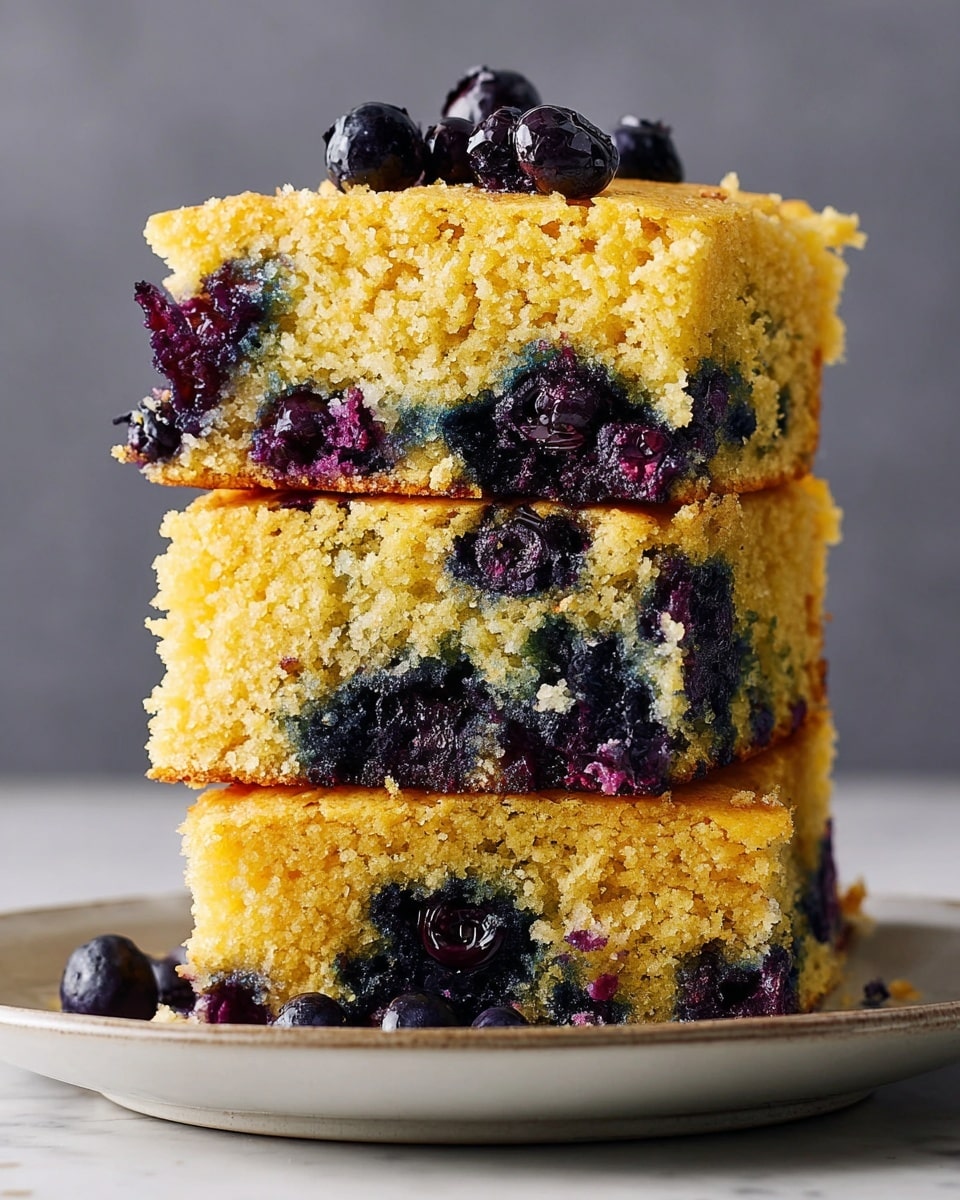 A stack of three thick, square slices of blueberry cornbread is shown on a white plate, each piece revealing a crumbly, golden-yellow texture with deep blue and purple blueberries scattered inside and on top. The layers show the cornbread’s moist and slightly grainy surface with visible blueberries creating pockets of rich color and juiciness, some blueberries slightly bursting and bleeding into the bread, adding dark purple shades near the edges. The plate rests on a white marbled surface with a soft gray background, emphasizing the warm tones and fresh look of the cornbread. Photo taken with an iphone --ar 4:5 --v 7