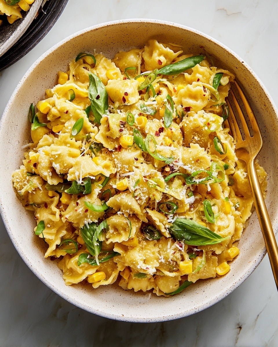 A white bowl filled with a layered pasta dish featuring ruffled, yellow pasta shells mixed with yellow corn kernels, surrounded by scattered green basil leaves and thin slices of green scallions. The pasta is topped with a light dusting of white grated cheese and small red chili flakes that add a touch of color. A gold fork rests on the right side inside the bowl, partially sunk into the pasta. The bowl sits on a white marbled surface, creating a clean and bright background. Photo taken with an iphone --ar 4:5 --v 7