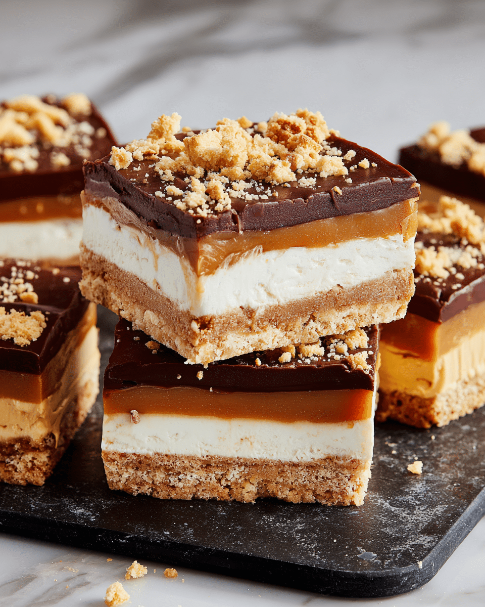 This image shows several stacked dessert bars with four clear layers. The bottom layer is a thick, crumbly light brown base. Above that is a smooth, medium brown caramel layer. Then, there is a creamy white layer with a soft texture. The top layer is a glossy dark brown chocolate coating sprinkled with crushed light brown cookie pieces. The bars are on a black slate board with some crumbs around. The background is a white marbled texture. photo taken with an iphone --ar 4:5 --v 7
