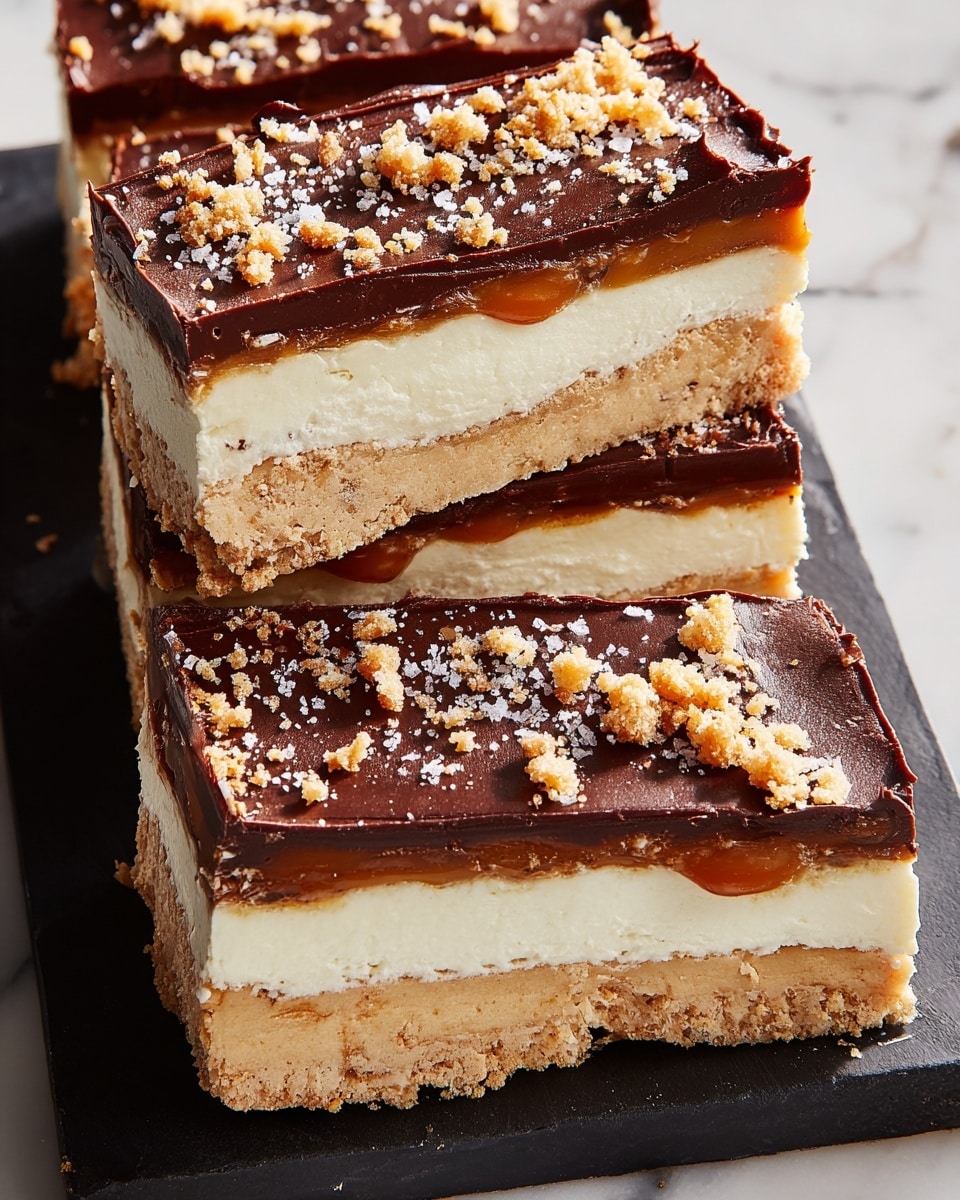 The image shows four rectangular dessert bars stacked closely on a black slate board over a white marbled surface. The bars have four layers: the bottom layer is light brown and crumbly, resembling a cookie or biscuit crust; above it is a thin shiny caramel layer; then a thick creamy white layer that looks smooth and soft; the top layer is a dark, glossy chocolate spread thickly and evenly, sprinkled with crushed light brown cookie bits and flakes of white sea salt for texture. The edges of the bars are clean but slightly uneven, showing the soft layers inside. photo taken with an iphone --ar 4:5 --v 7